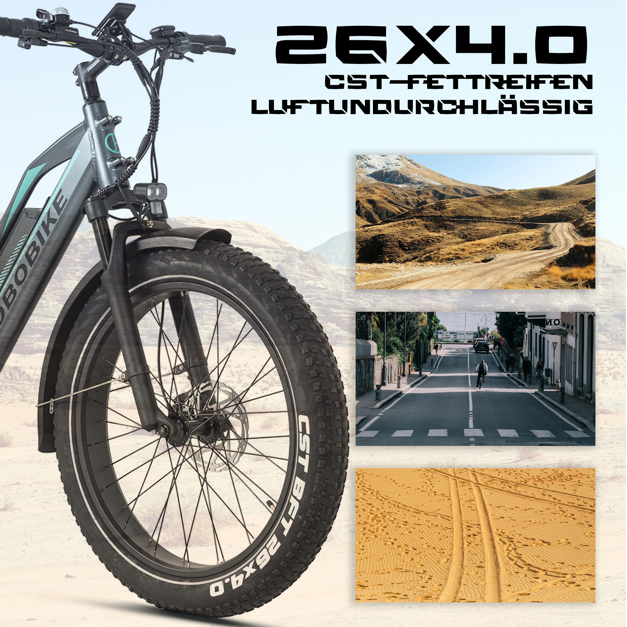 JOBOBIKE E-Bike Mountainbike 26x4 Zoll, bis zu 180km, mit Bremslicht- und Blinker, Fatbike, MTB, 7 Gang Shimano, Kettenschaltung, Heckmotor, 840 Wh, (LCD-Farbdisplay, für Asphalt, Schotter und Gelände, Aluminiumrahmen), 5 Stufen, Gefederte Sattelstütze, Elektrofahrrad für Damen und Herren
