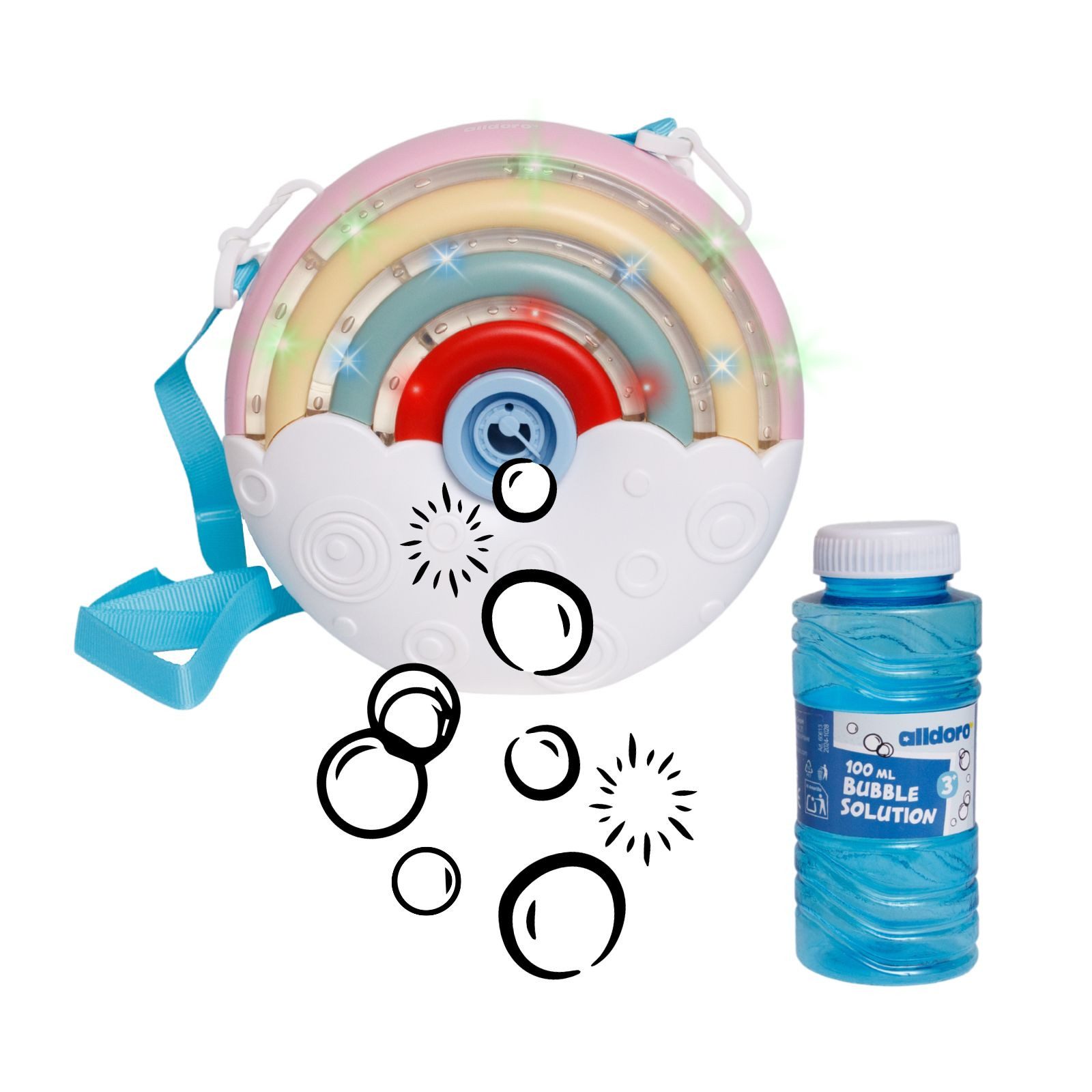 alldoro Мыльные пузыриmaschine Мыльные пузыри-Maschine Rainbow mit Leuchteffekt für Kinder ab 3 Jahren, Мыльные пузыри-Set mit tragbarer Мыльные пузыриkanone & 100 ml Flüssigkeit