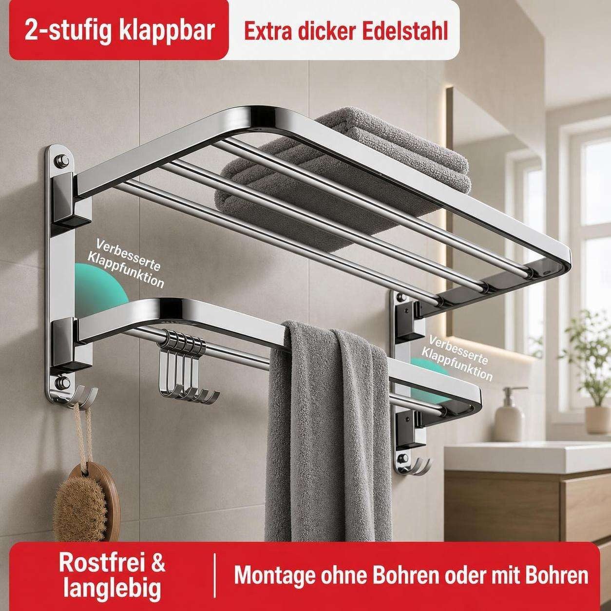 BBG Handtuchständer Handtuchhalter 58 cm aus Edelstahl 304, 2-stufig, klappbar, Handtuchregal mit Haken, zur Wandmontage zum Bohren oder Kleben – Bild 2 von 5