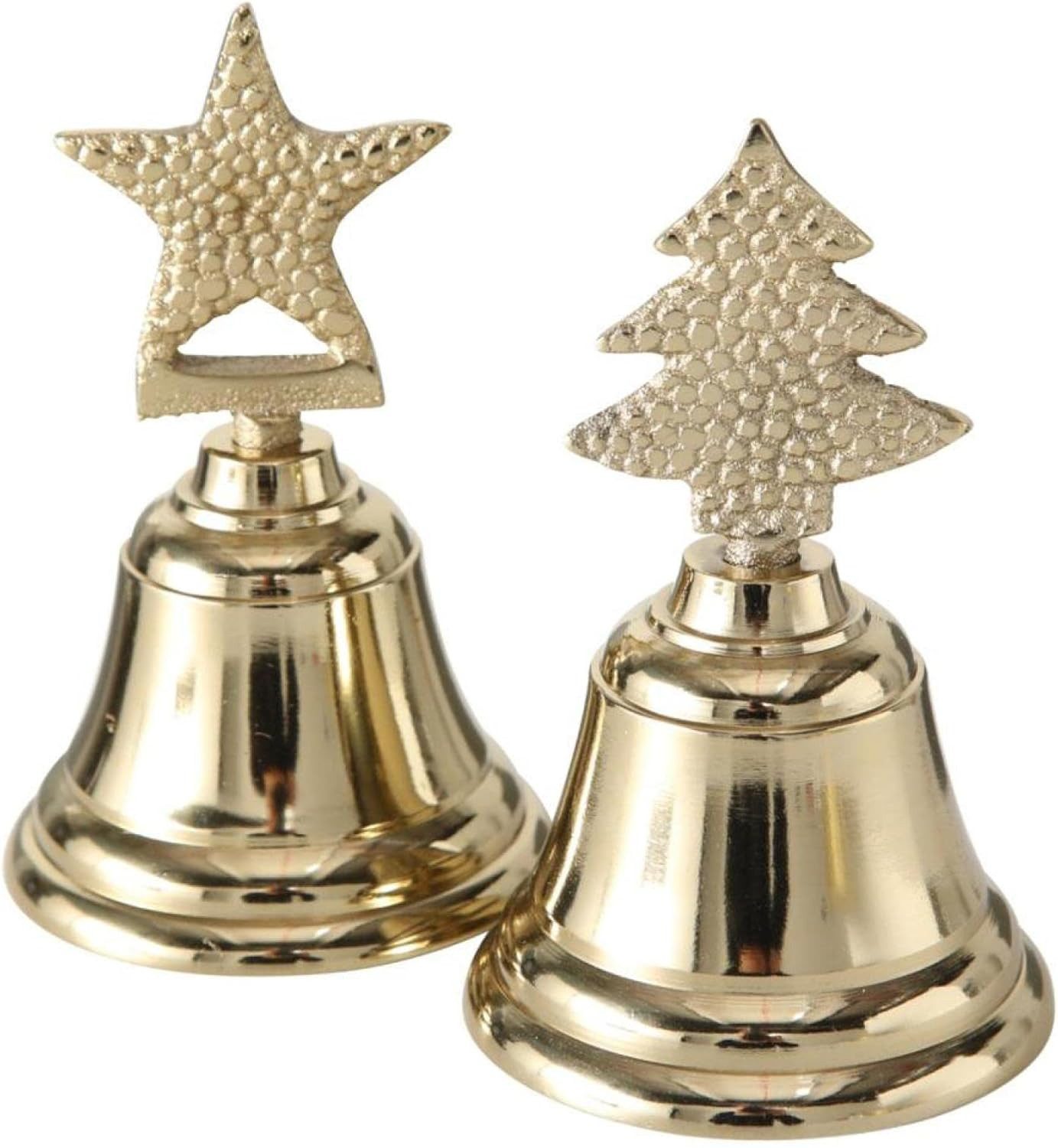 BOLTZE Dekoobjekt Metall Tischglocke 2er Set, Gold Stern & Weihnachtsbaum H11 cm, Ø7 cm