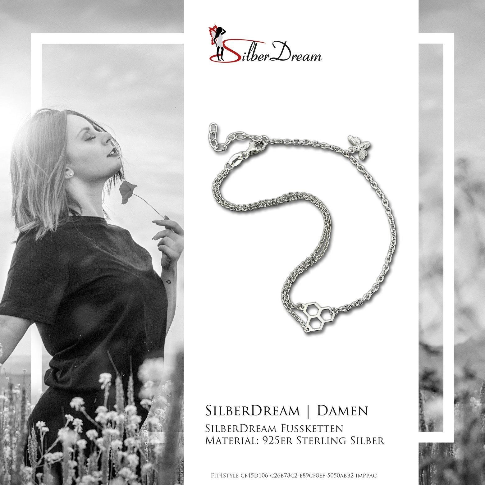 SilberDream Fußkette mit Anhänger SilberDream Bienenwabe mit Biene Fußkette, Damen Fußkette Bienenwabe mit Biene aus 925 Sterling Silber, Farbe: si