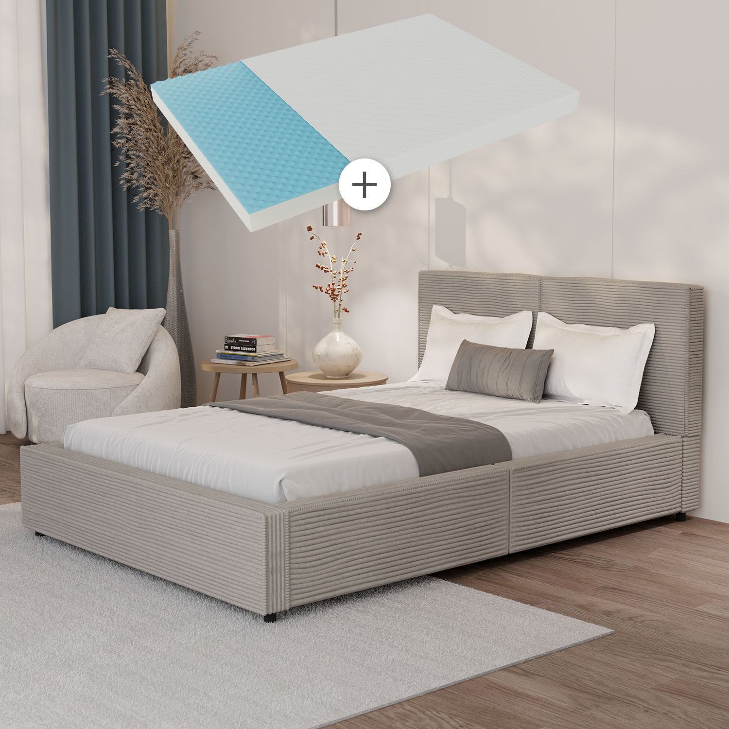 Juskys Polsterbett Salerno, Cord Design, bis 500 kg belastbar, Pflegeleicht mit Polsterung