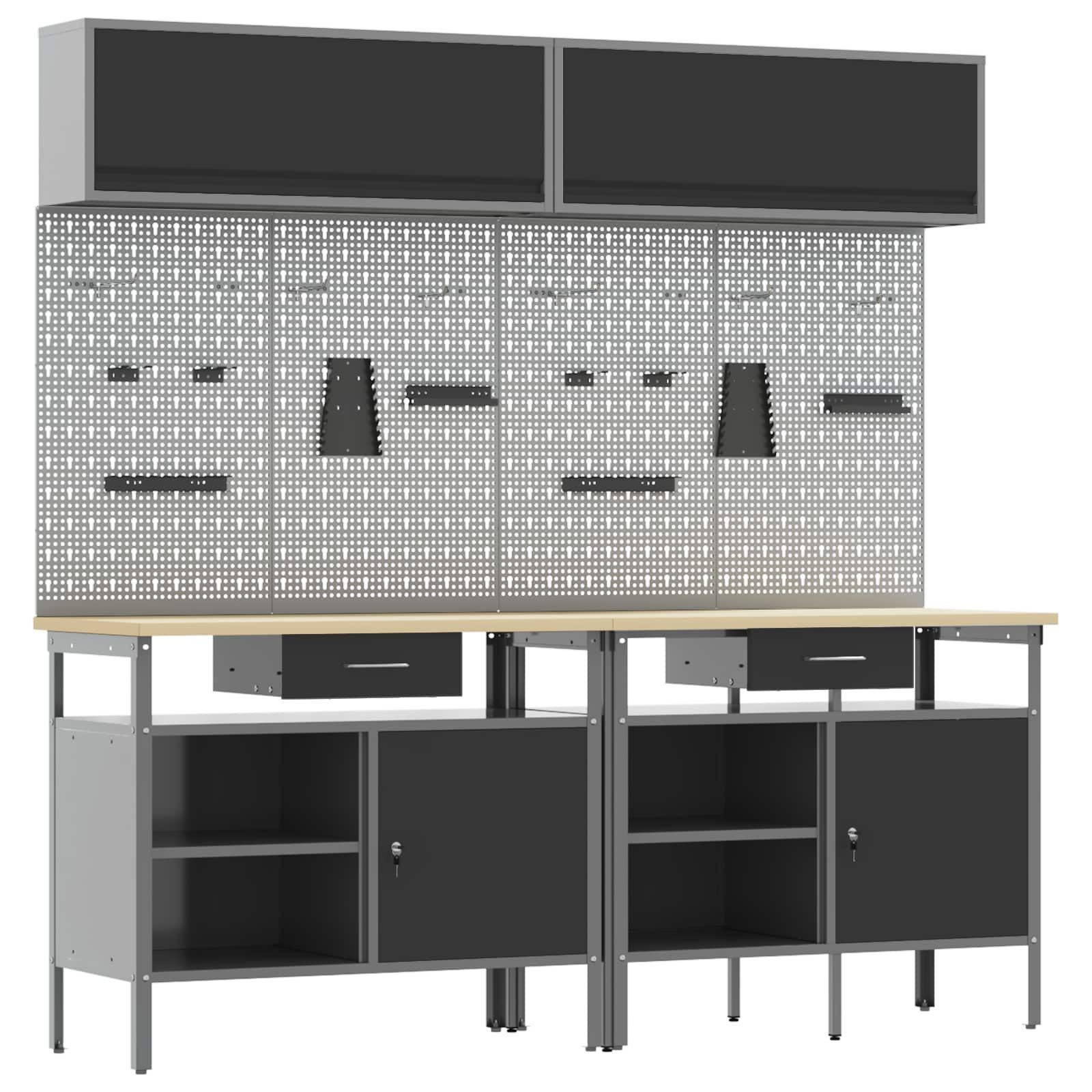 vidaXL Werkbank Werkbank-Set 8 stk. Schwarz und Grau Pulverbeschichteter Stahl, (8-tlg)