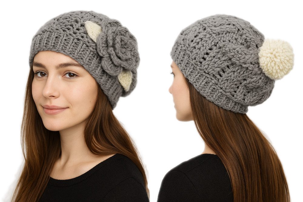 dy_mode Bommelmütze Damen Grobstrick Bommelmütze mit Strickblume Strickmütz günstig online kaufen