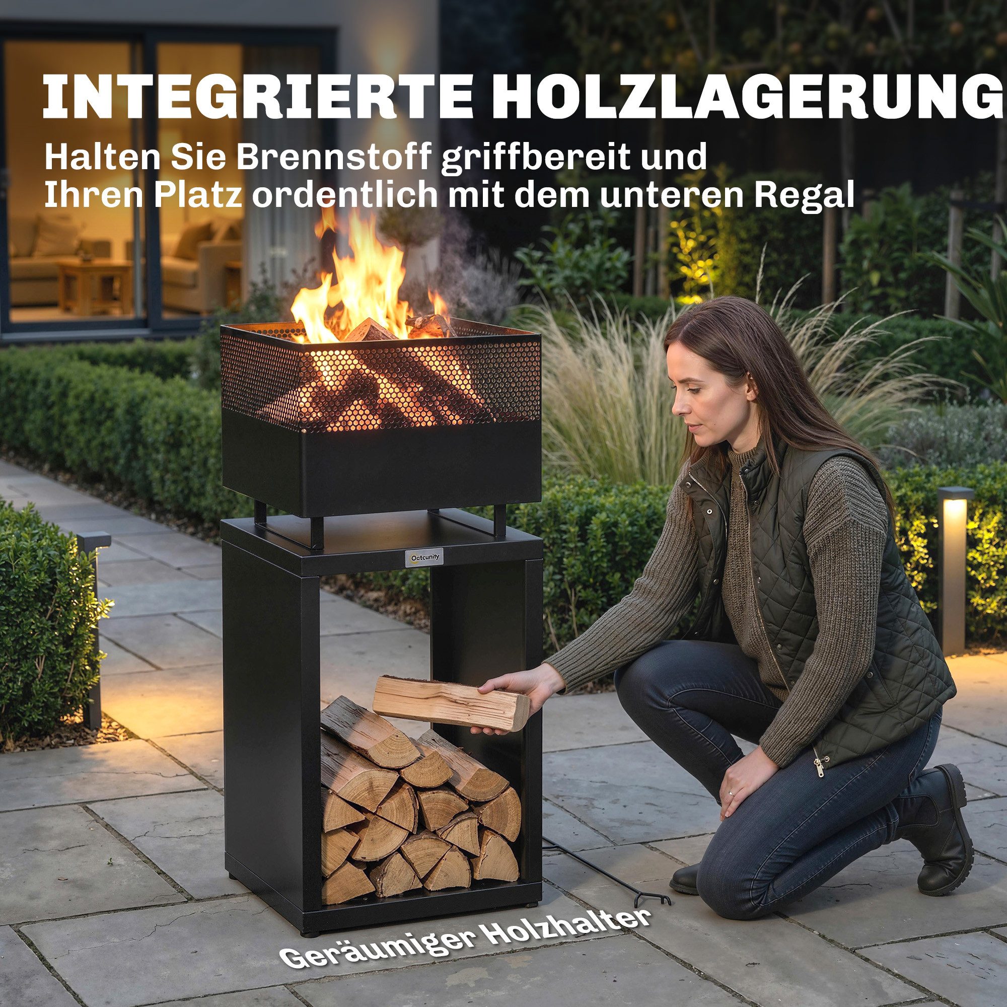 Outsunny Feuerschale Feuerkorb BBQ Camping Holzlager Kohlegitter Schwarz, (Feuerstelle, 1-St., Feuerschalen), für Garten, Balkon Terrasse, Outdoor – Bild 5 von 5