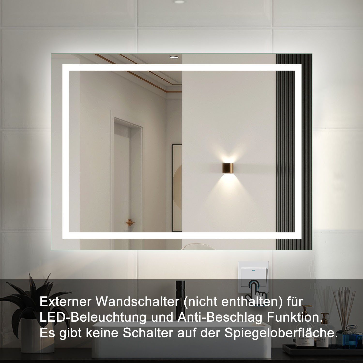 Belechtung, 50-160 cm mit duschspa Wandschalter+Kaltweiß+Beschlagfrei LED Wandspiegel Wandschalter Badspiegel