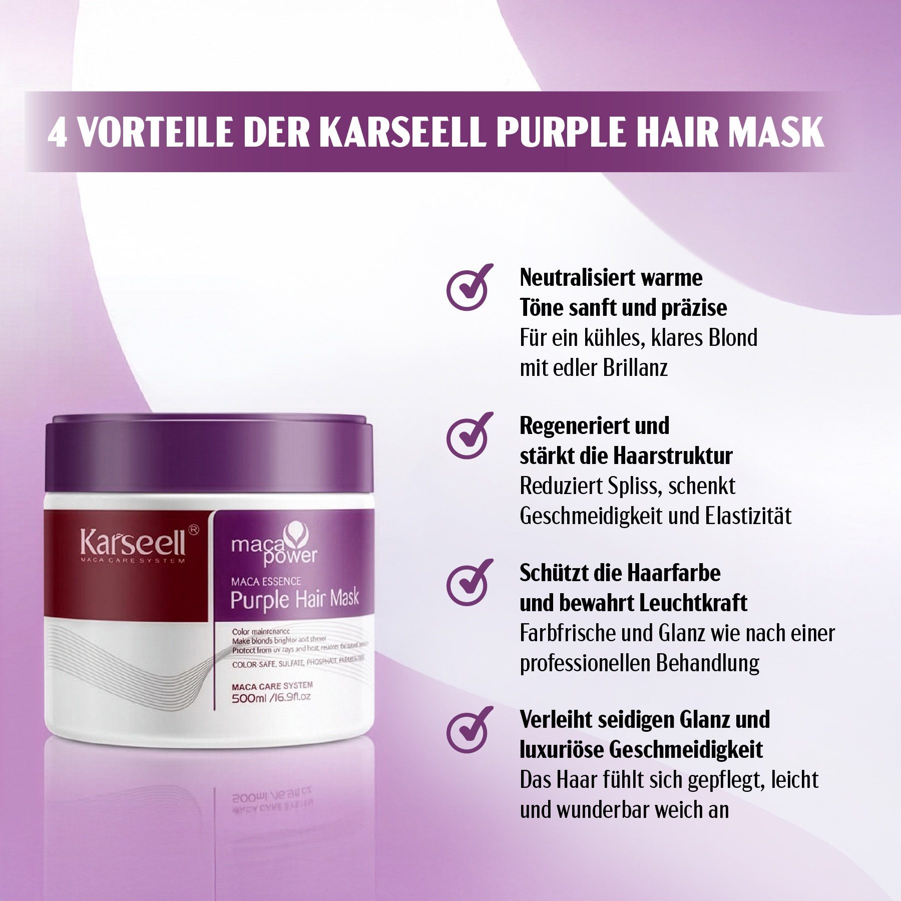 Karseell Haarmaske Purple Haarmaske Haarpflege für Blondes Blondiertes Graues Haar 500ml, 1-tlg., Haarpflege, Haarmaske, Karseell, Blondiertes Haar