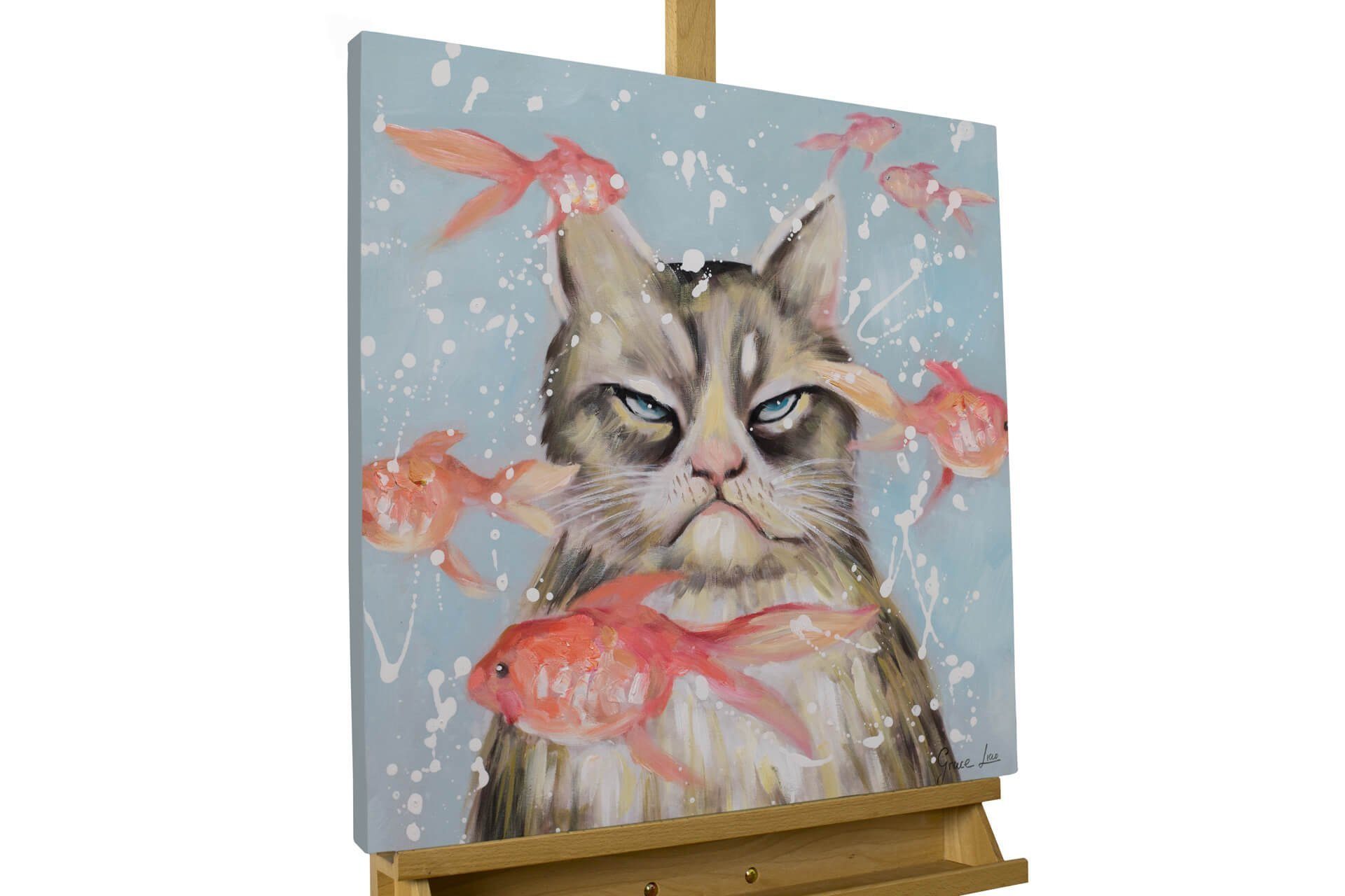 KUNSTLOFT Gemälde Very Crabby Cat 60x60 cm, Leinwandbild 100% HANDGEMALT Wandbild Wohnzimmer