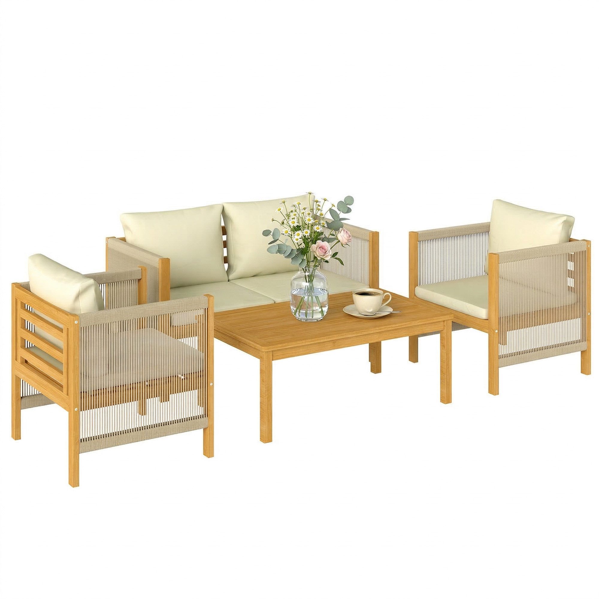 Outsunny Sitzgruppe mit 2er Sofa, 2 Sessel, Tisch, Seilflecht, Lamellendesign, Kissen, (Gartenlounge, 4-tlg., Gartenmöbel Set), für Garten Balkon Beige
