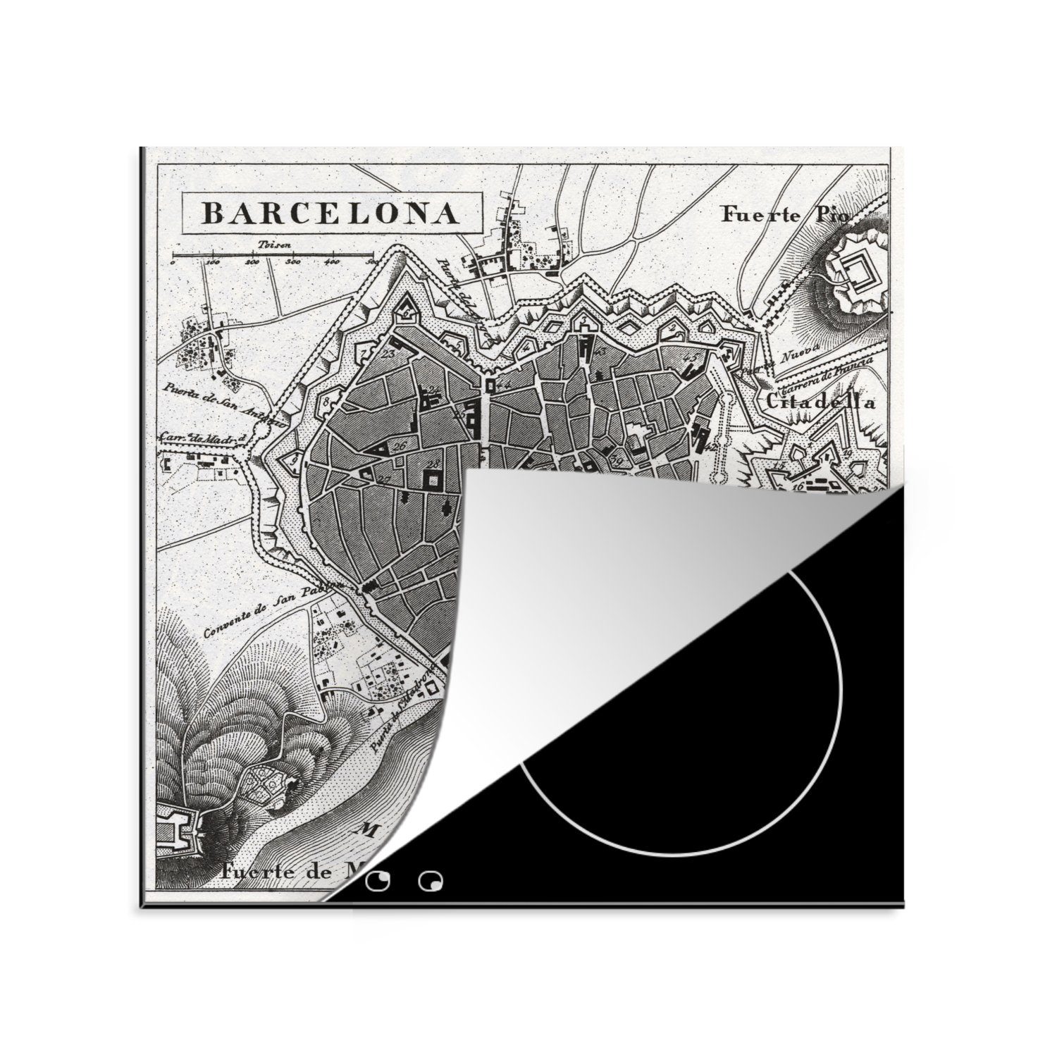 Illustration für tlg), Vinyl, MuchoWow küche (1 Arbeitsplatte Barcelona, Herdblende-/Abdeckplatte Ceranfeldabdeckung, 78x78 historische Eine cm, von