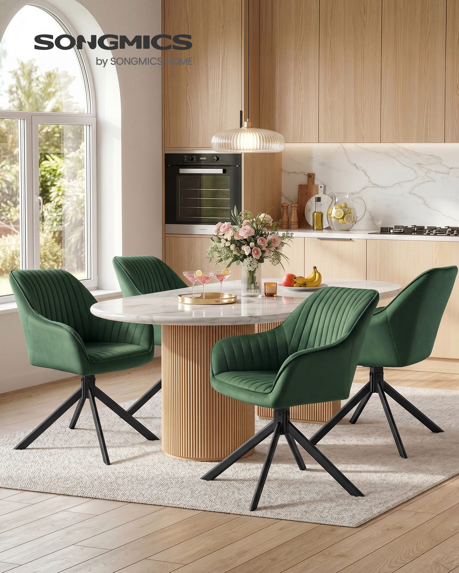 SONGMICS Esszimmerstuhl Esszimmerstuhl 360° drehbar, Küchenstuhl, Sessel drehbar, Samt (6 St), bis 120 kg belastbar, für Esszimmer, Küche, mit Armlehnen, Stahlb – Bild 2 von 5