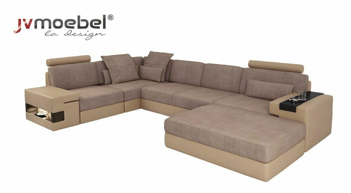 moderne Hocker Holz JVmoebel Form Bereich Ecksofa, NEU Wohnzimmer Leder Ecksofa Sofas Braun L