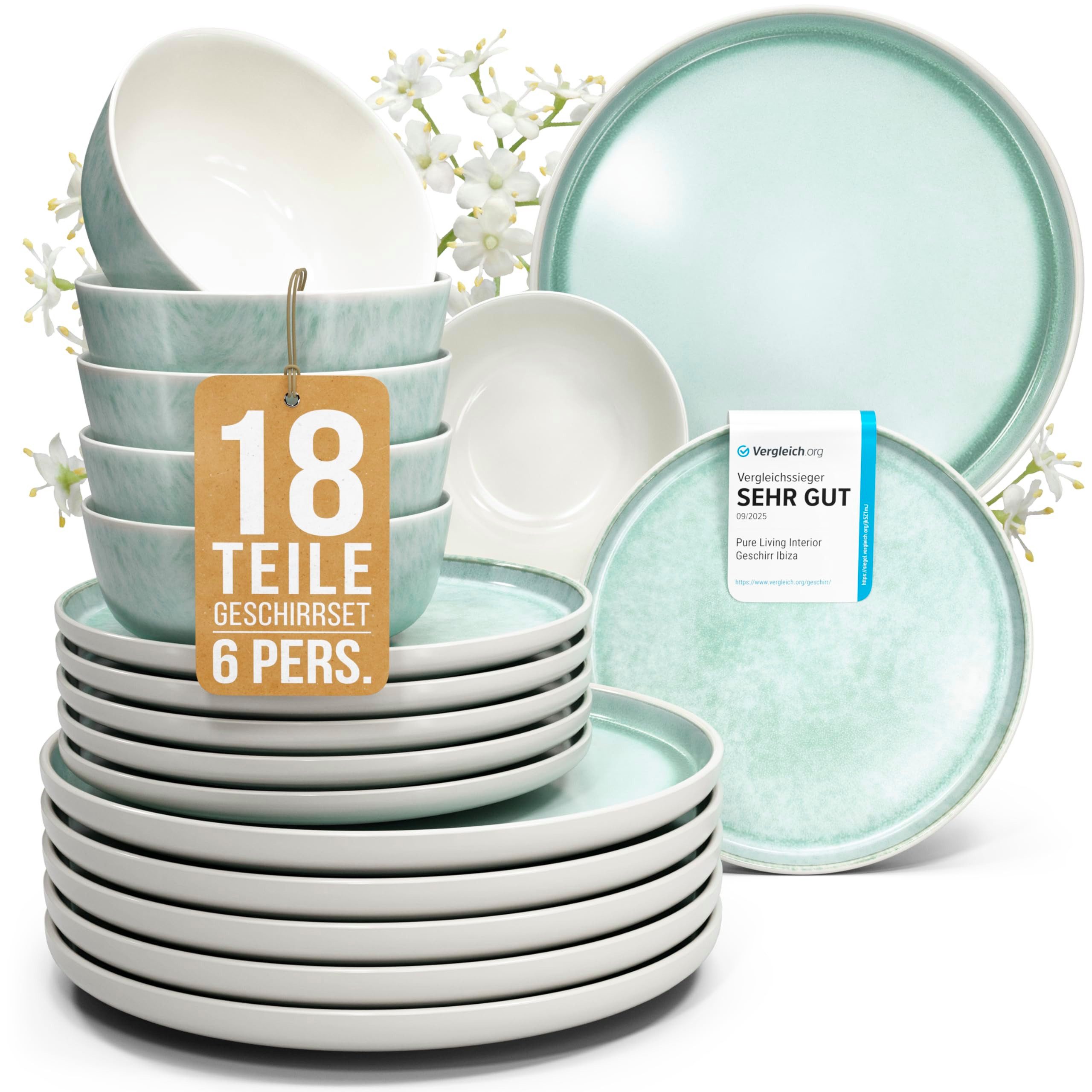 PURE LIVING INTERIOR DESIGN Steingut Geschirrset 6 Personen Ibiza 18 tlg. TESTSIEGER, Traumhaftes (18-tlg), 6 Personen, Steingut, Mediterrane Handwerksoptik, Reaktive Glasur – jedes Stück einzigartig…