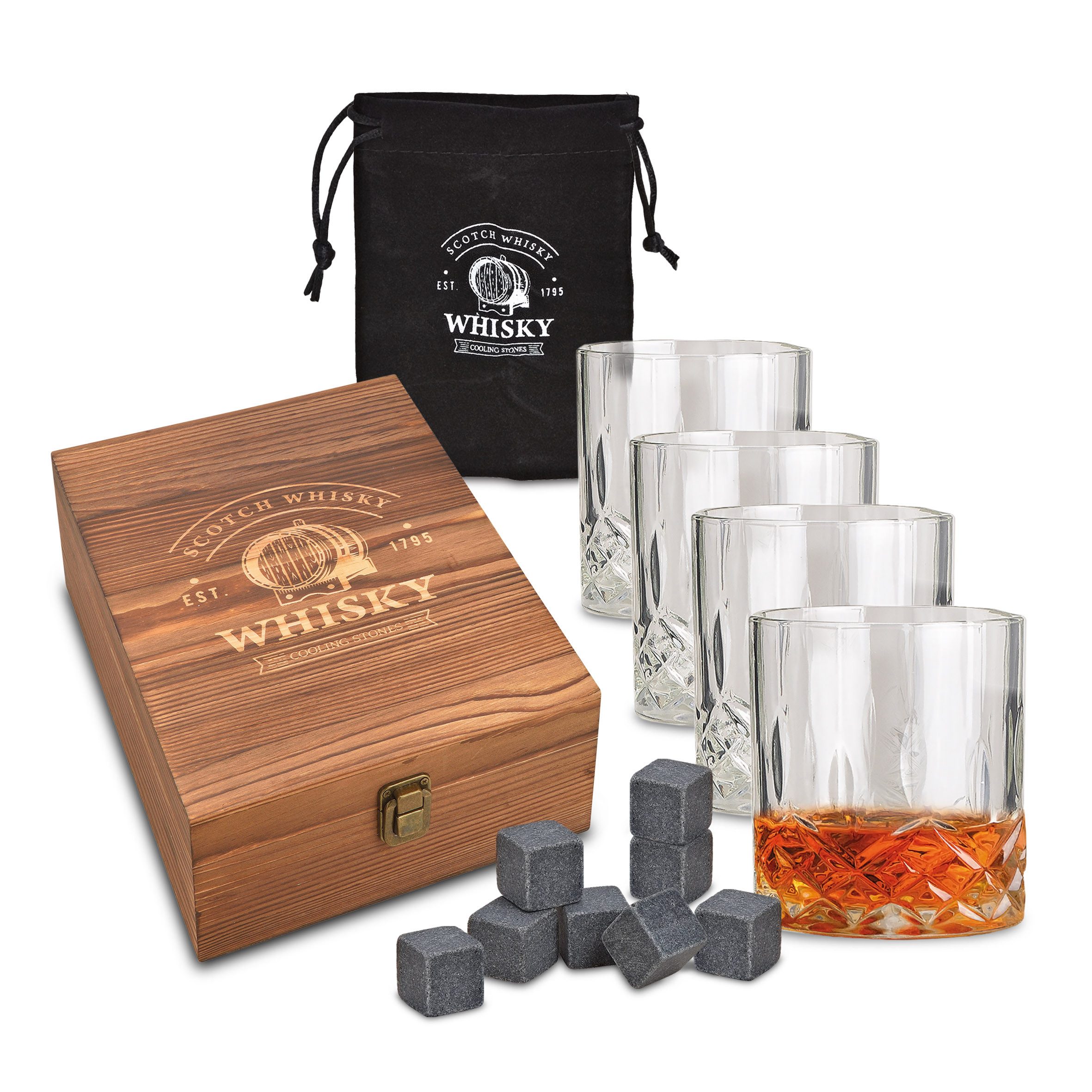 Eiswürfel-Steine Basalt Whisky Steine Geschenk Set in edler Holzbox - 13-teilig