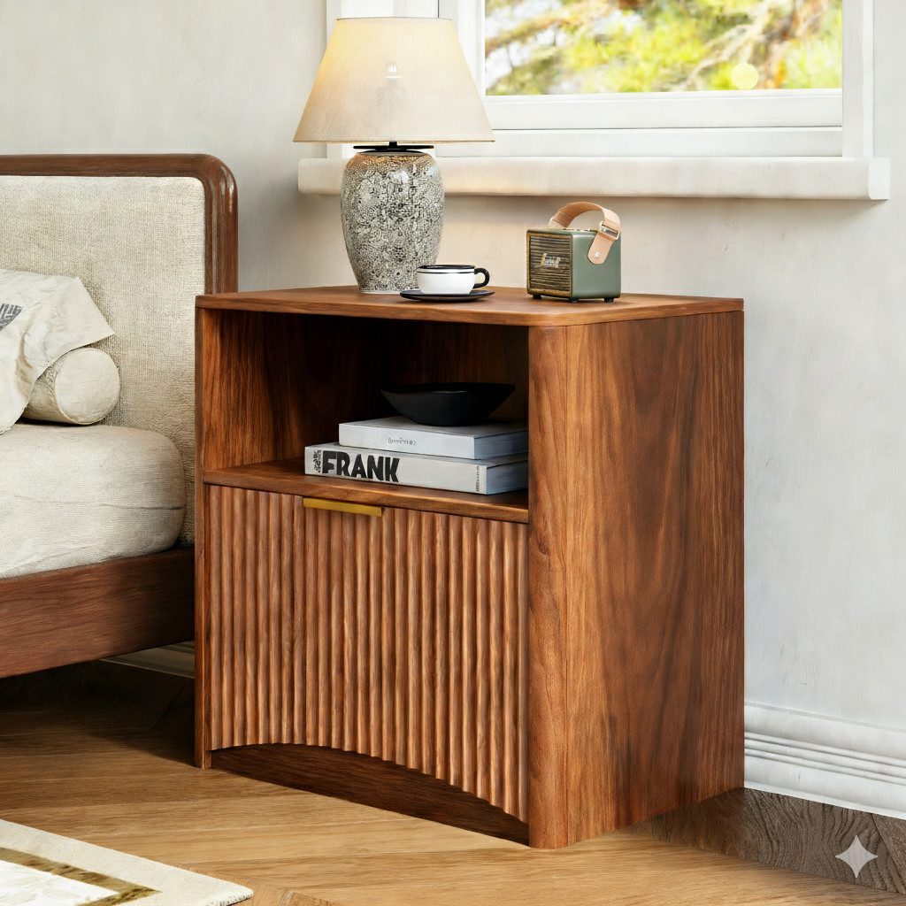 Totnz Nachttisch mit offener Schublade und goldenen Griffen für Schlaf- und Wohnzimmer (Nachttisch mit Rillendesign), platzsparend, moderner Stil