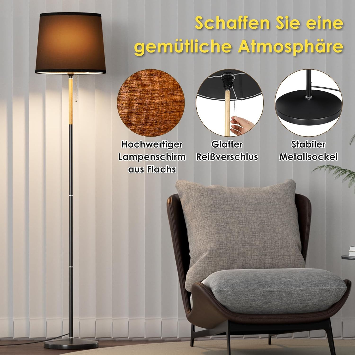 TLGREEN Stehlampe LED Stehleuchte, Wohnzimmerlampe, E27 Lampensockel, Max. 60W, ohne Leuchtmittel, 170cm Höhe für Wohnzimmer, Schlafzimmer, Arbeitszimmer, Stehlampe Leinen Lampenschirm