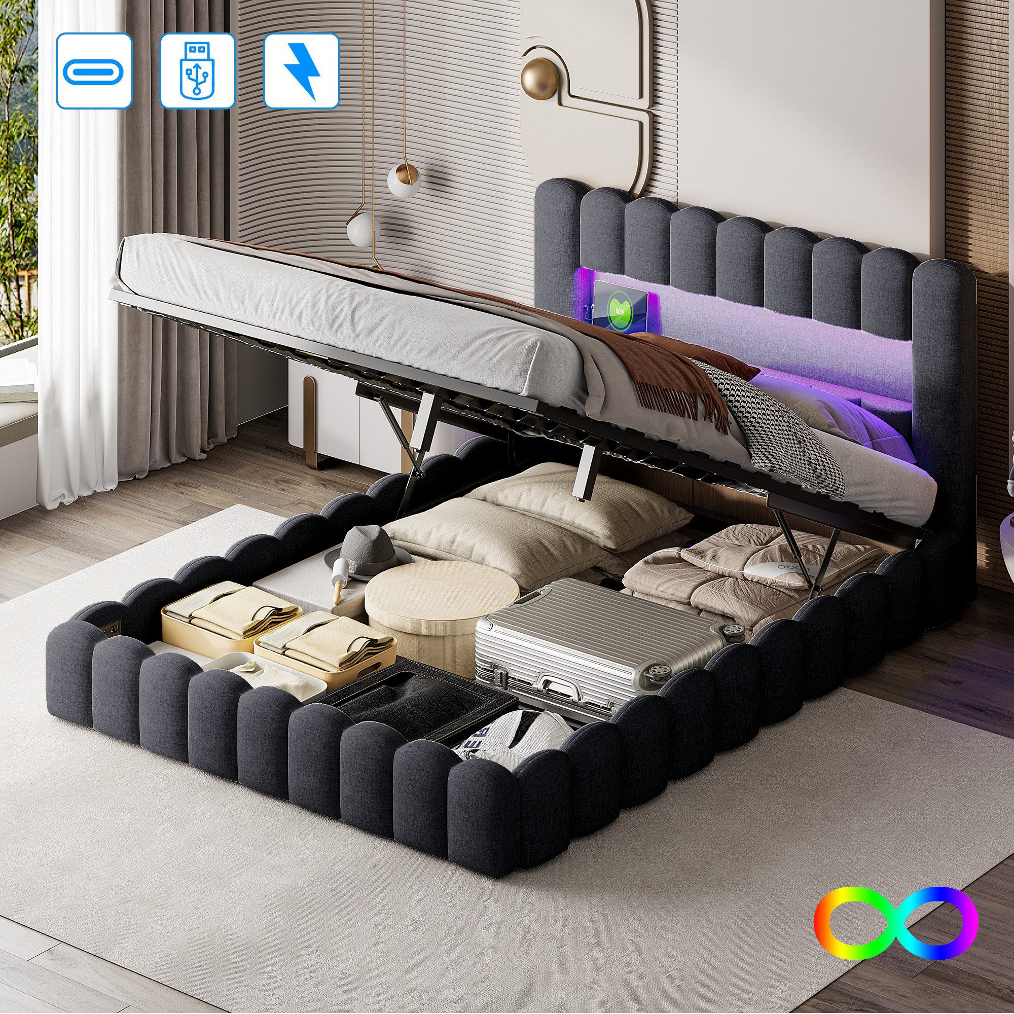 LuxeLiving Polsterbett LED hydraulisches Doppelbett, Stauraumbett, Hydrauli günstig online kaufen