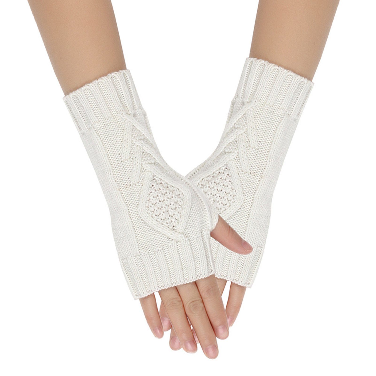 Rutaqian Trikot-Handschuhe 1 Paar Winter Halb Fingerhandschuhe, Wärmer Strick Fäustlinge Weiß