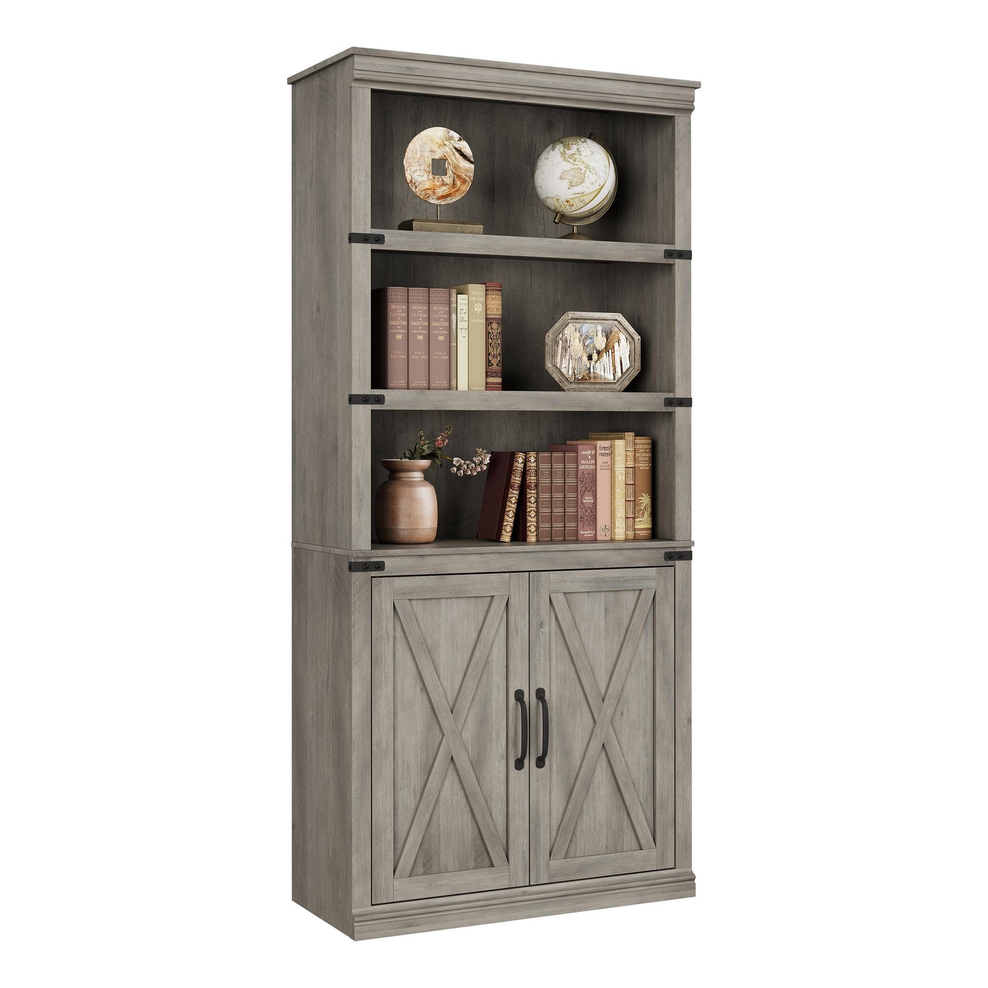 GarveeMore Bücherregal Klassisches MDF-Standregal Ablageregal Mehrzweckregal mit 2 Türen, Regal für Wohnzimmer Büro oder Schlafzimmer 174 cm hoch 80/32 cm breit