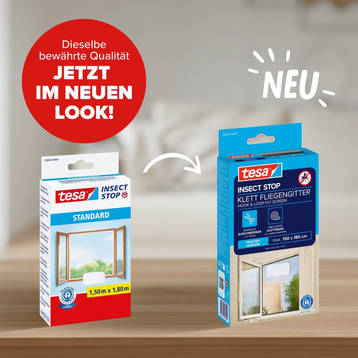 tesa Fliegengitter-Gewebe Klett Fliegengitter für Fenster - Insektenschutz, (Packung, 2-St., Fliegennetz, Klettband), INSECT STOP 150 cm x 180 cm