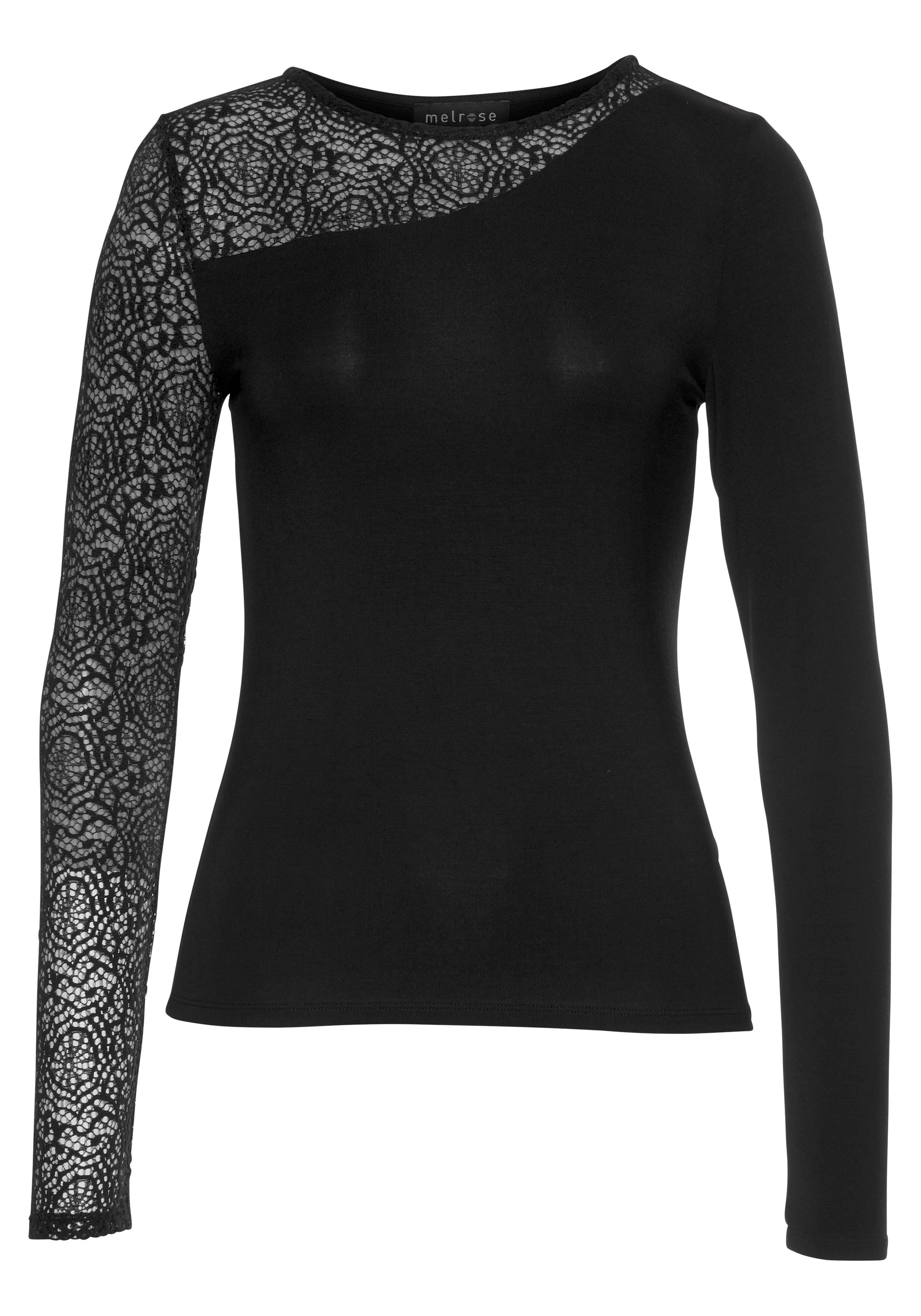 Melrose Rundhalsshirt langärmlig, sehr figurbetont, mit Spitzeneinsätzen, hüftlang. Reduzierter Preis € 24,49. Unverbindliche Preisempfehlung € 34,99