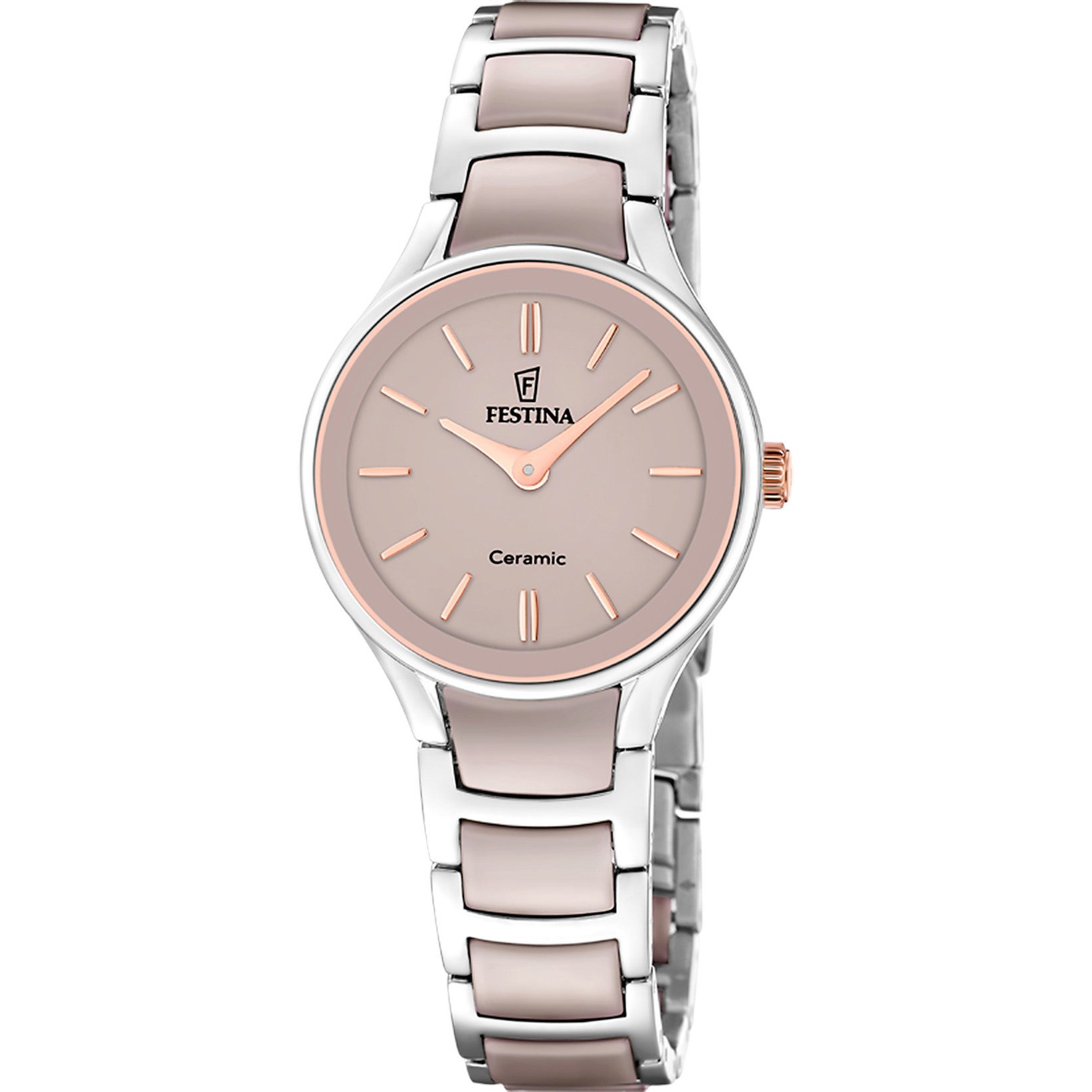 Festina Quarzuhr Ceramic Damenuhr F20752-2 – Taupe/Rosé Keramikband, 30,5 mm