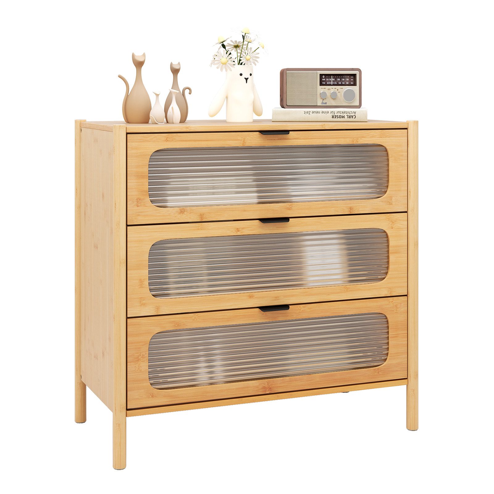 COSTWAY Kommode, 3 Schubladen, Sideboard aus Bambus & Glas, 80x40x78,5cm