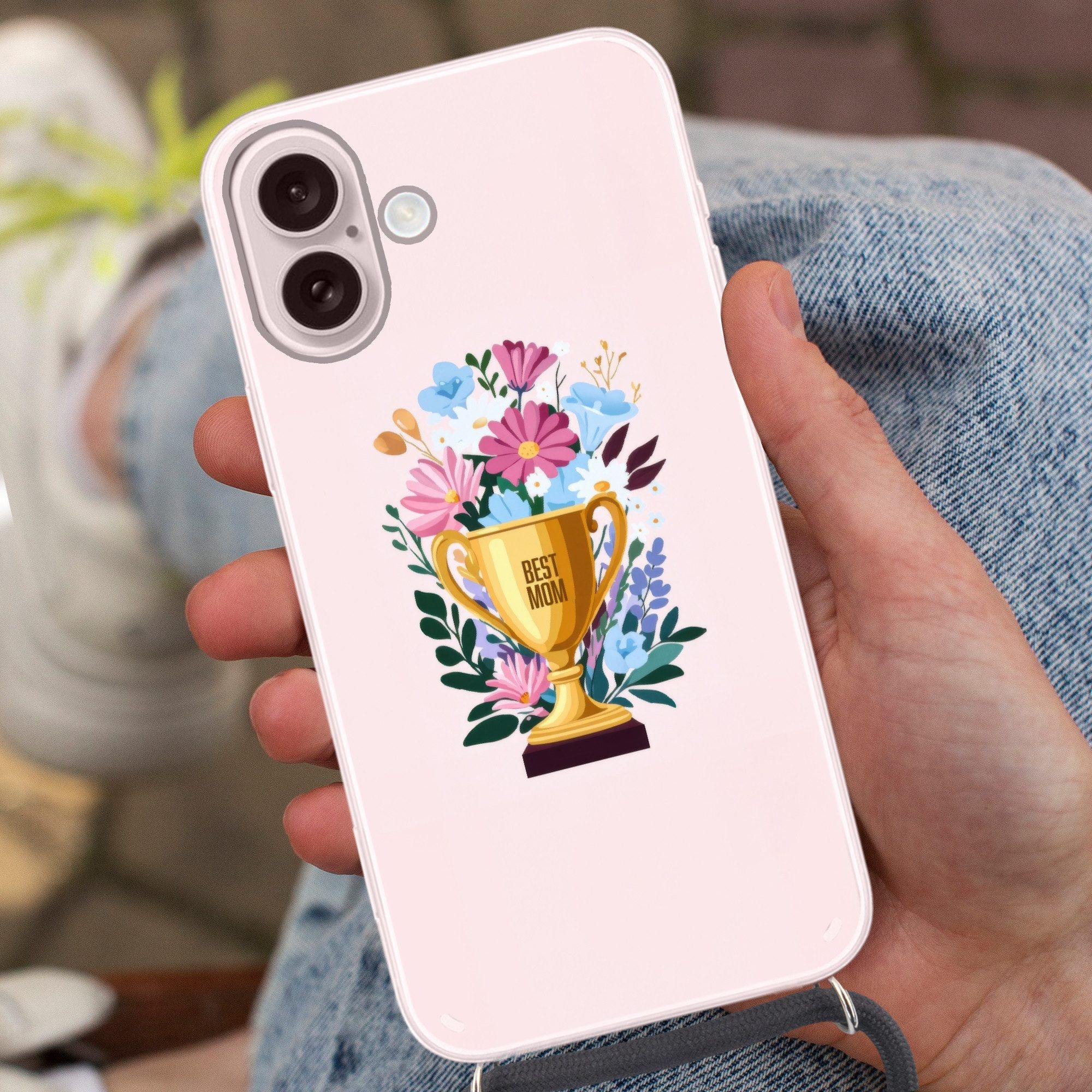 MuchoWow Handyhülle für Apple iPhone 16 Trophäe - Beste Mutter - Blumen - Bunt, Tragbare Handyhüllen mit Kette zum umhängen, Handykette Handyband
