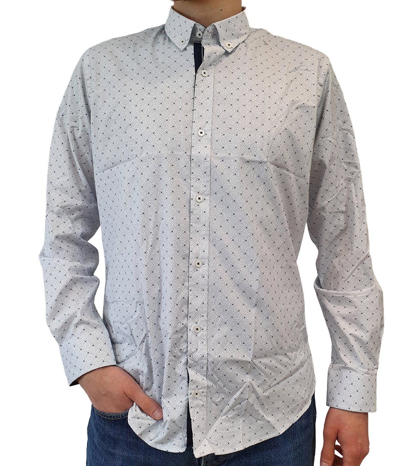 Herren Hemden Rusty Neal Langarmhemd RUSTY NEAL R-78 Herren Langarm-Hemd mit geometrisches Muster Button-Down-Hemd Weiß