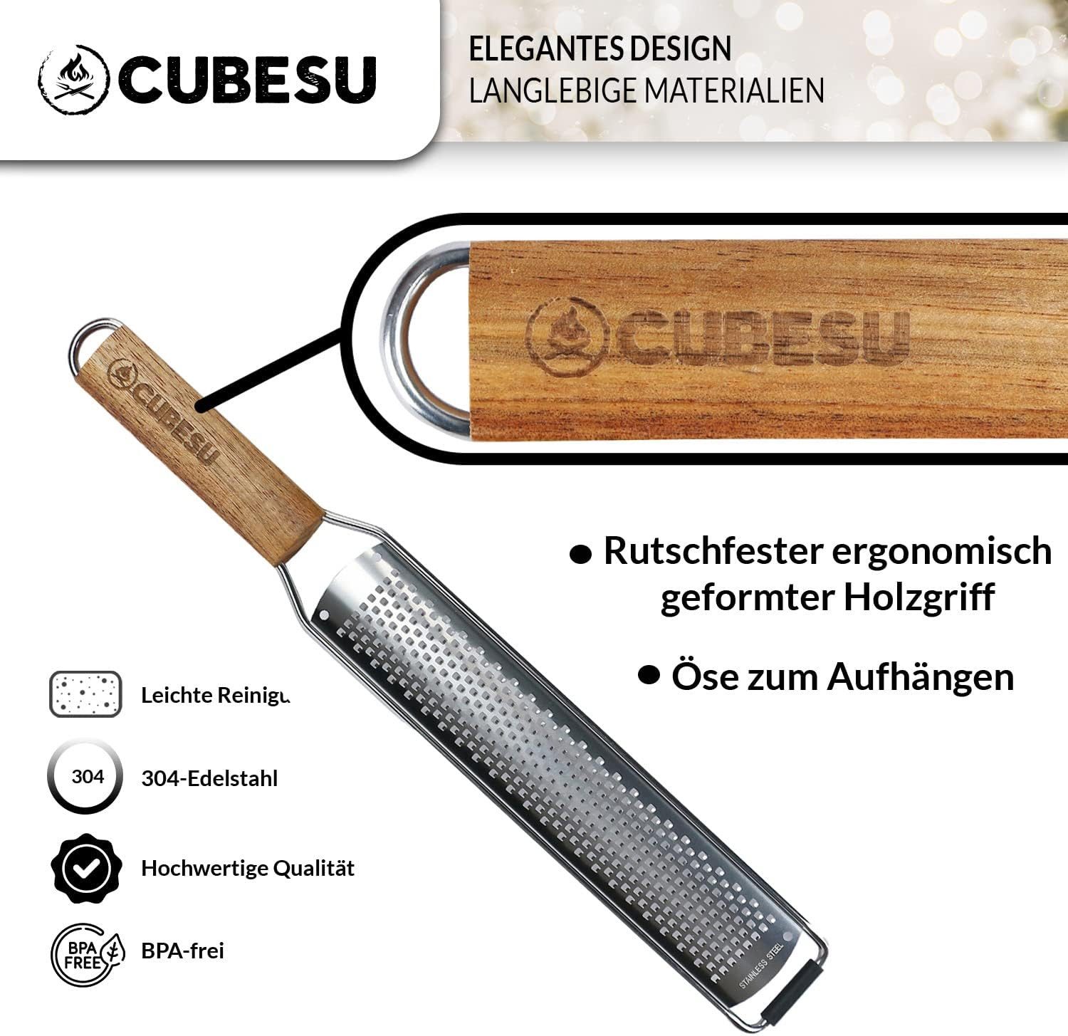 Cubesu Käsereibe Zester Reibe Set extrem scharfe Edelstahl Küchenreibe mit Holzgriff, Edelstahl / Holz