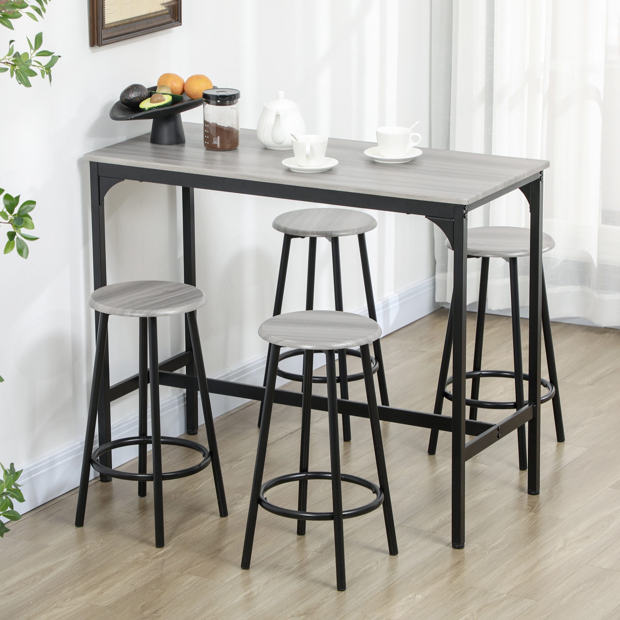 HOMCOM Bargruppe Bartisch mit Barhocker-Set mit 4 Barhocker Küchentisch, (Set, 1 Tisch, 4 Stühle), Hocker unter Tisch verstaubar