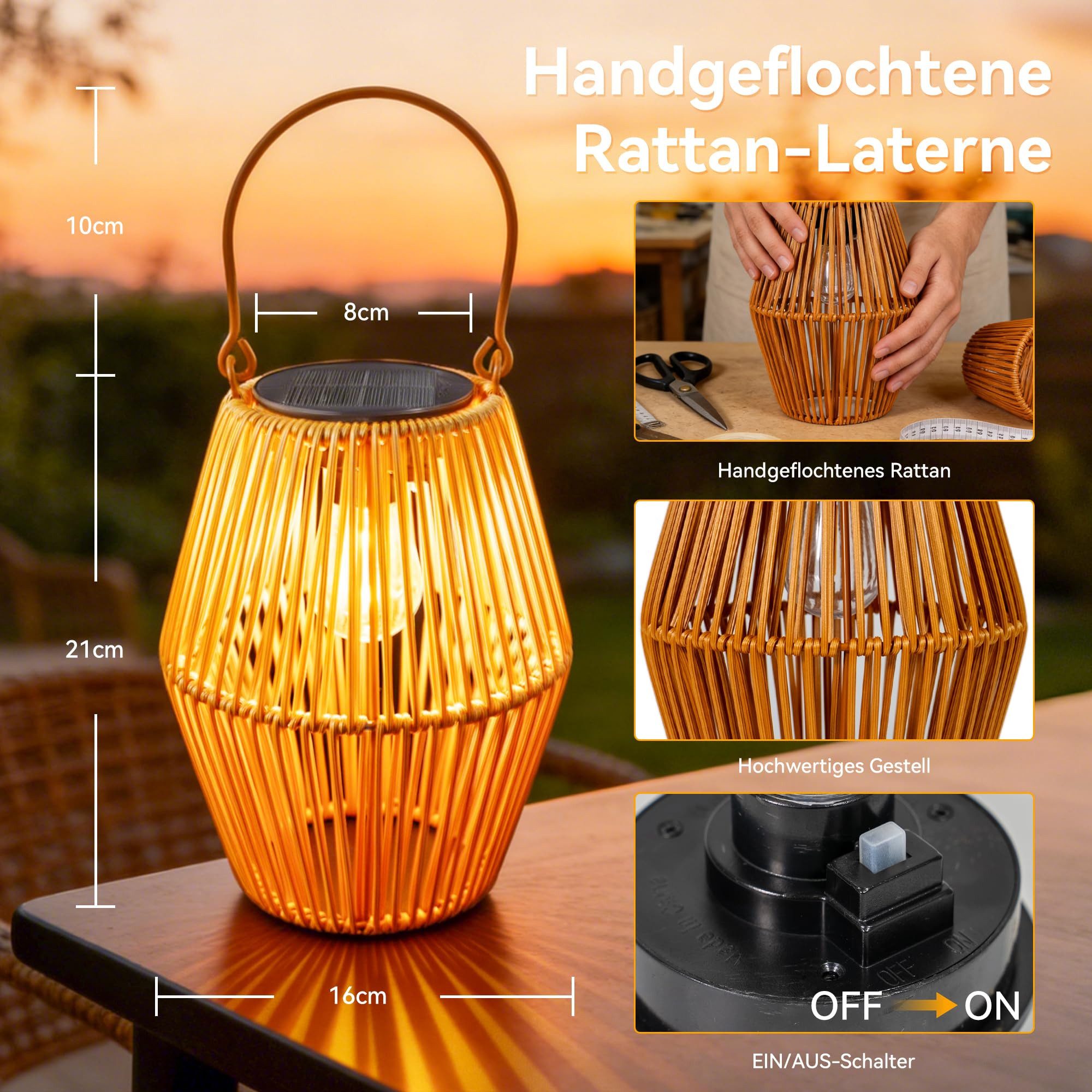 AIBISTAR LED Laterne Solarlampen Rattan Boho Stil,hängend oder stehend,IP44 wetterfest, Leuchtdauer 8-10h, geeignet für Garten, Balkon, Terrasse & Eingang