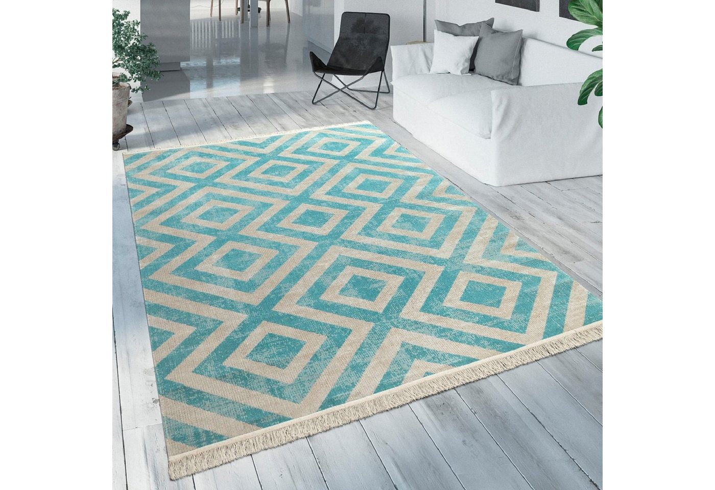 Paco Home Teppich Poco 821, rechteckig, Höhe: 6 mm, Kurzflor, Rauten Design, mit Fransen, In- und Outdoor geeignet