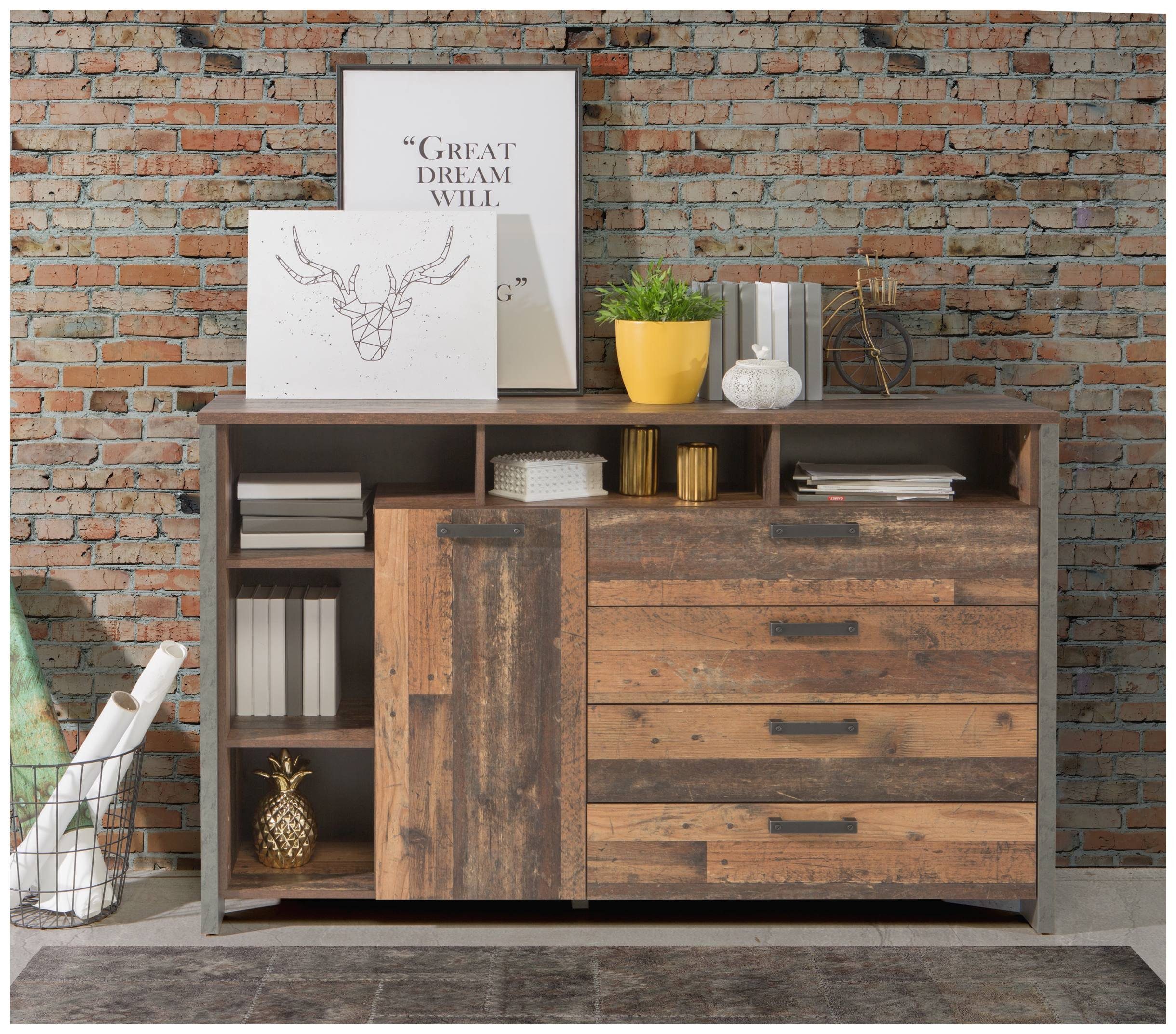 FORTE Sideboard Kommode Sideboard CLIF 1 Tür 4 Schubladen Old Wood Optik, von Forte