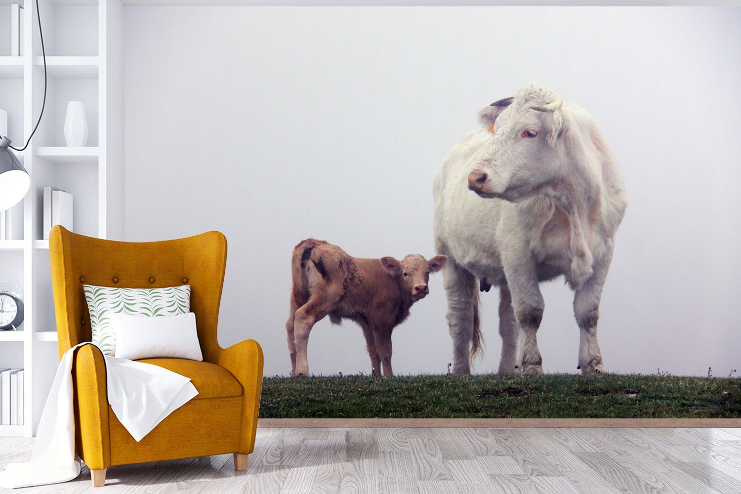 Kühe - Weiß MuchoWow Matt, (6 - Fototapete Braun Tapete für St), Schlafzimmer, Wohnzimmer, - Vinyl bedruckt, Nebel, Kinderzimmer, Wallpaper
