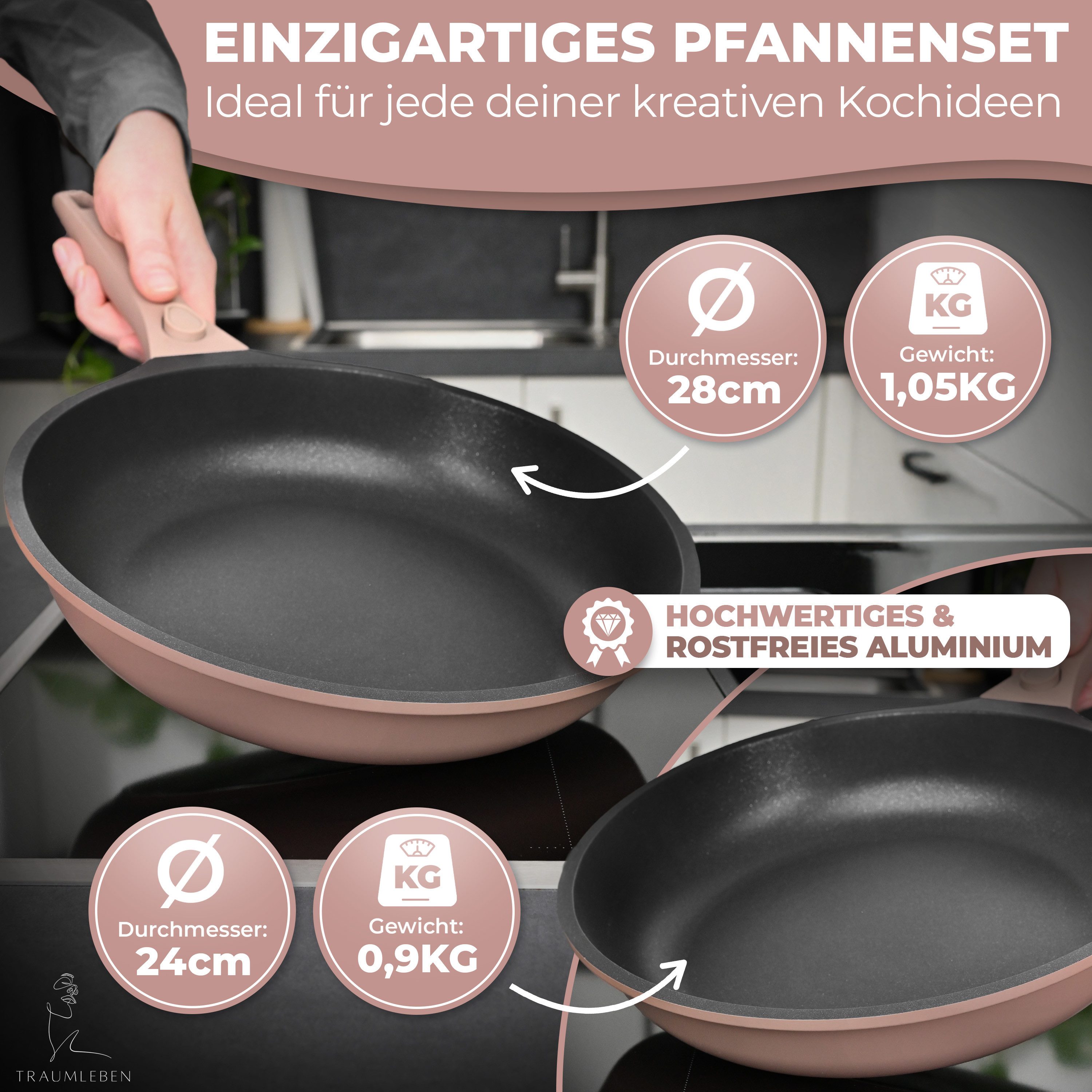 TRAUMLEBEN Pfannen-Set Pfanne 24/28 cm Bratpfanne Antihaftbeschichtung abnehmbare Griffe, Aluminium, Beschichtete Pfannen, Pfannenset