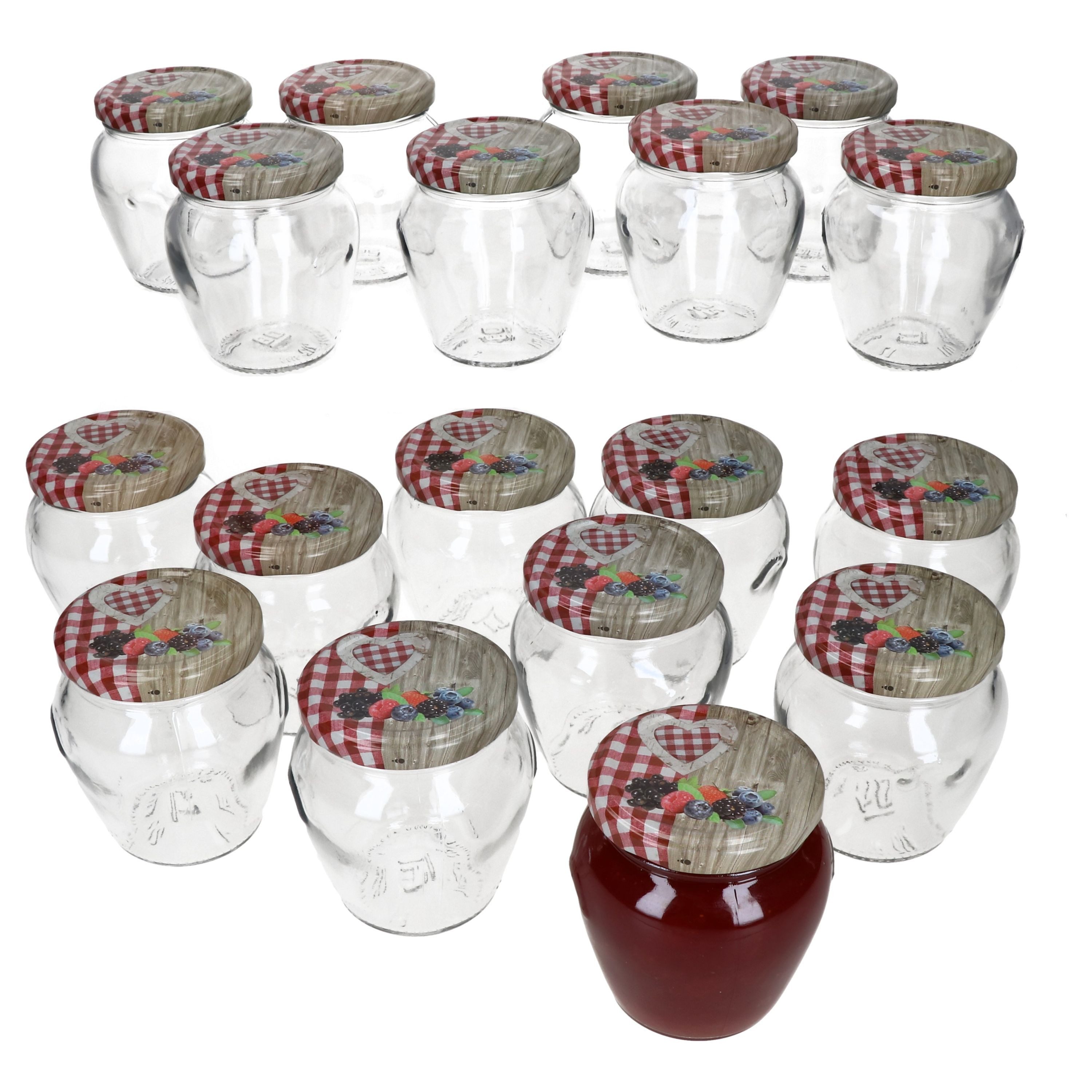 MamboCat Einmachglas Mambocat 20er Set Marmeladengläser 212 ml Holz-Herz Rot Beeren Deckel, Glas