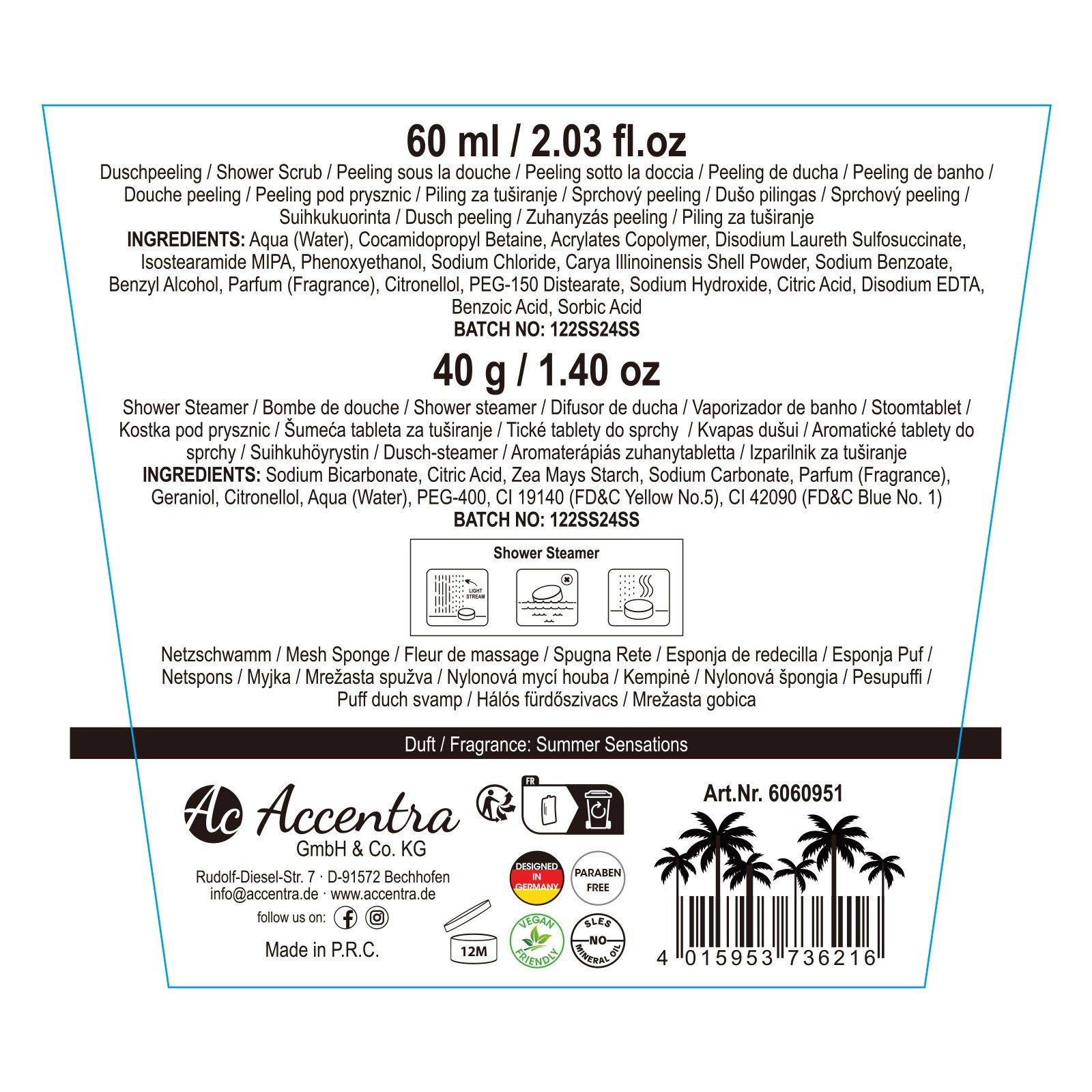 ACCENTRA Pflege-Geschenkset Badeset SUMMER SPA mit Duschpeeling und Shower Steamer, 6-tlg., parabenfrei vegan