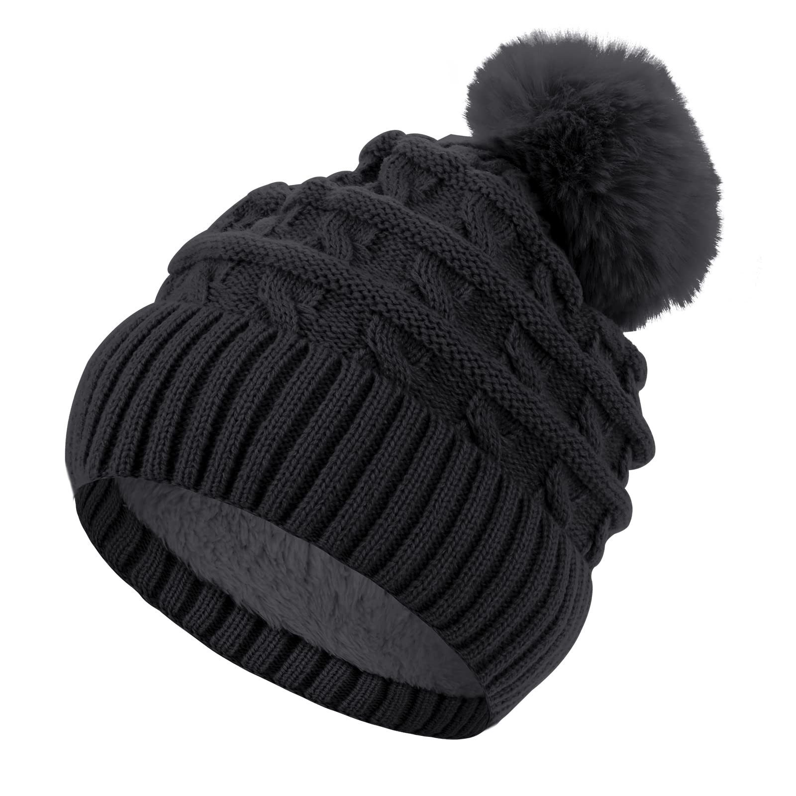 Coonoor Bommelmütze Damen Wintermütze, Thermo-Fleece-gefütterte Mütze, Strickmütze Wollmützen mit Kunstfell-Bommel