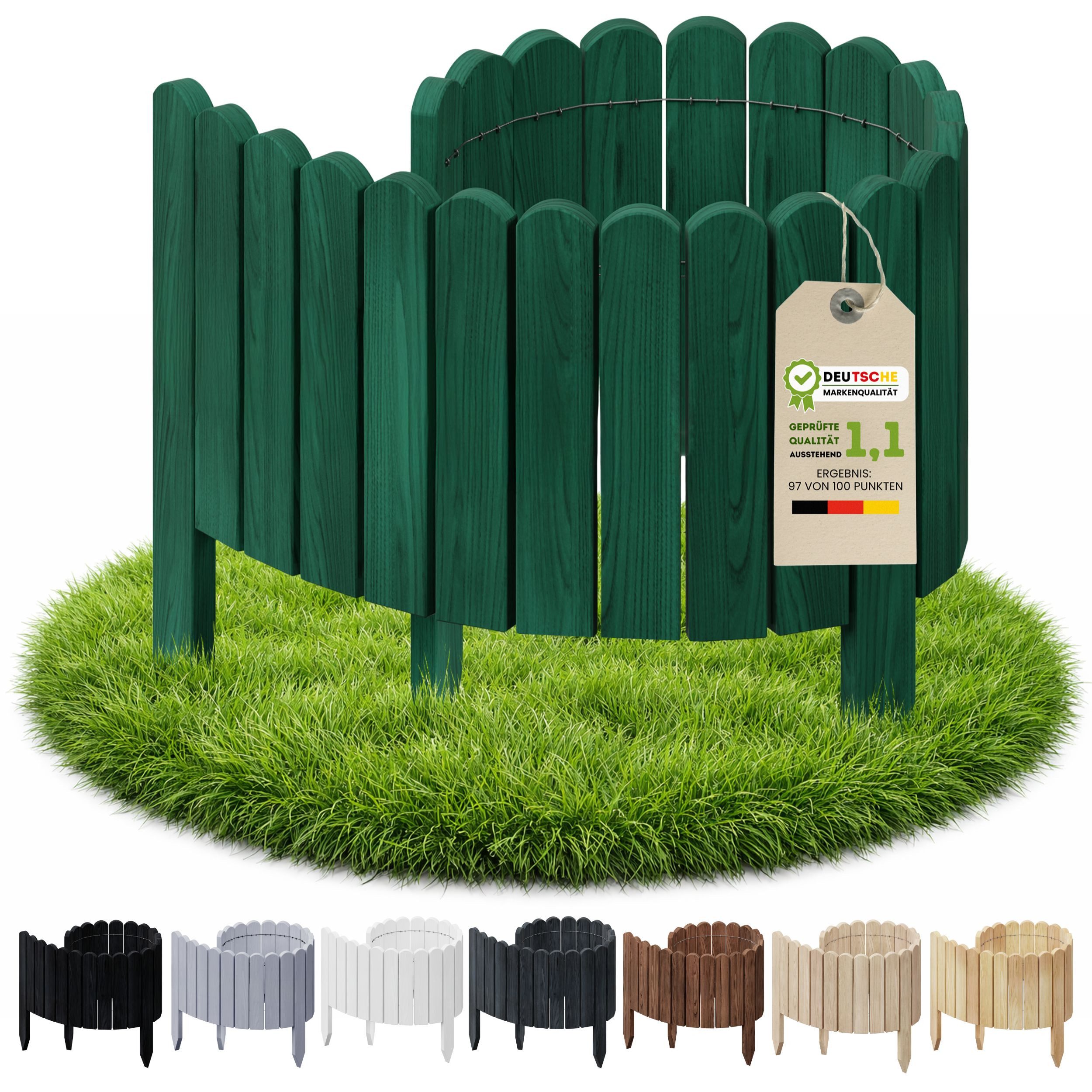 Floranica Palisade Flexible Rasenkante Rollborder Beeteinfassung Beetumrandung Holzzaun, LxH: 100x10 cm, Grün, Dekozaun Umzäunung von Blumenbeeten Kräutergarten Wege Rasenbegrenzung