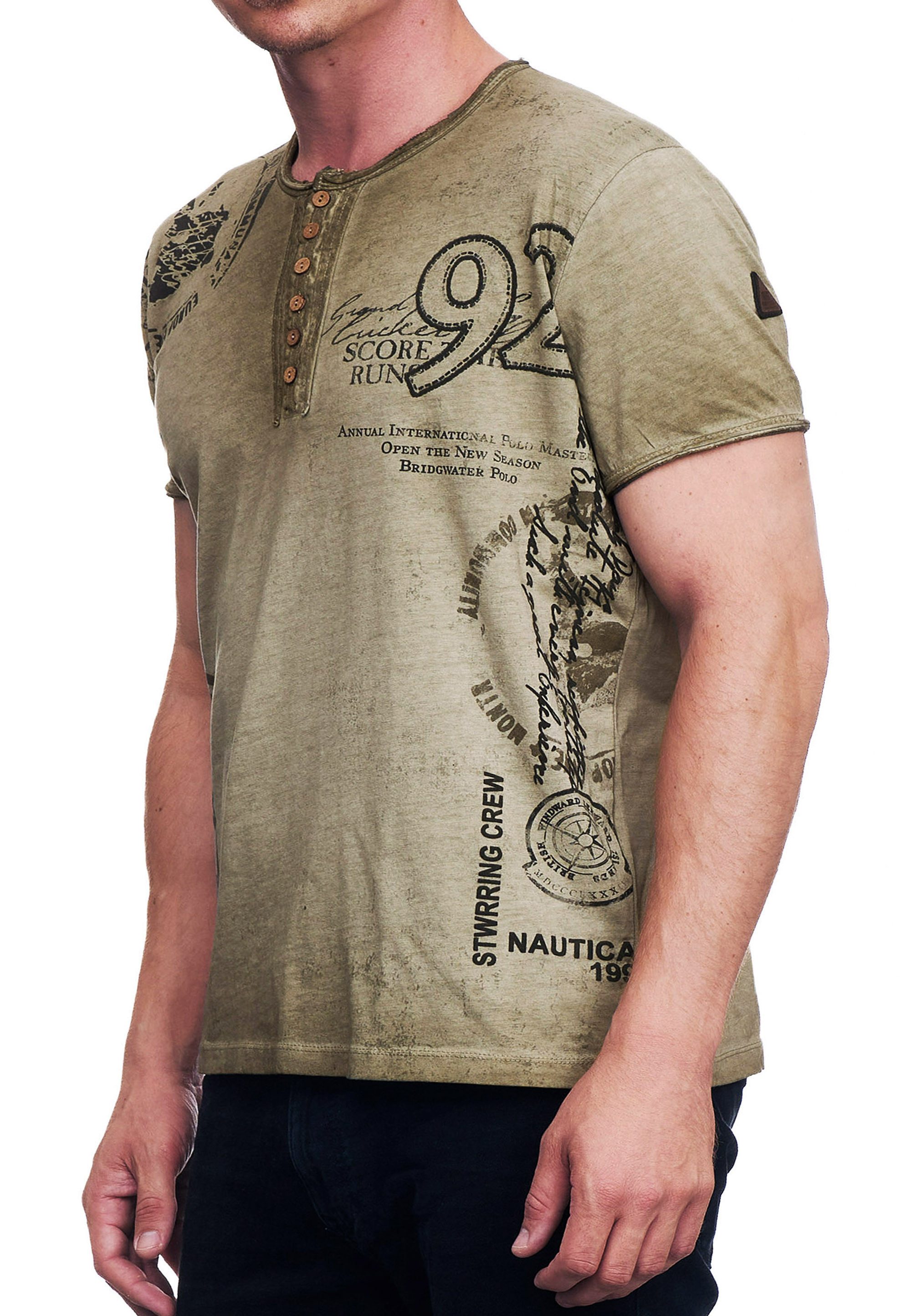 T-Shirt Verwaschenes Herren T-Shirt Rundhals Knopfleiste Tee Shirt Kurzarm