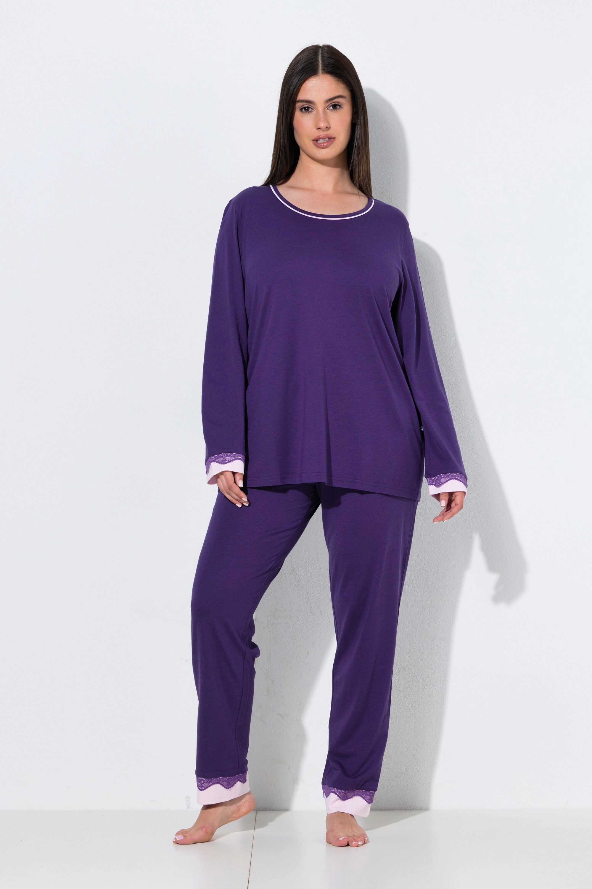 Ulla Popken Pyjama Pyjama Zweiteiler Spitze Rundhals Langarm