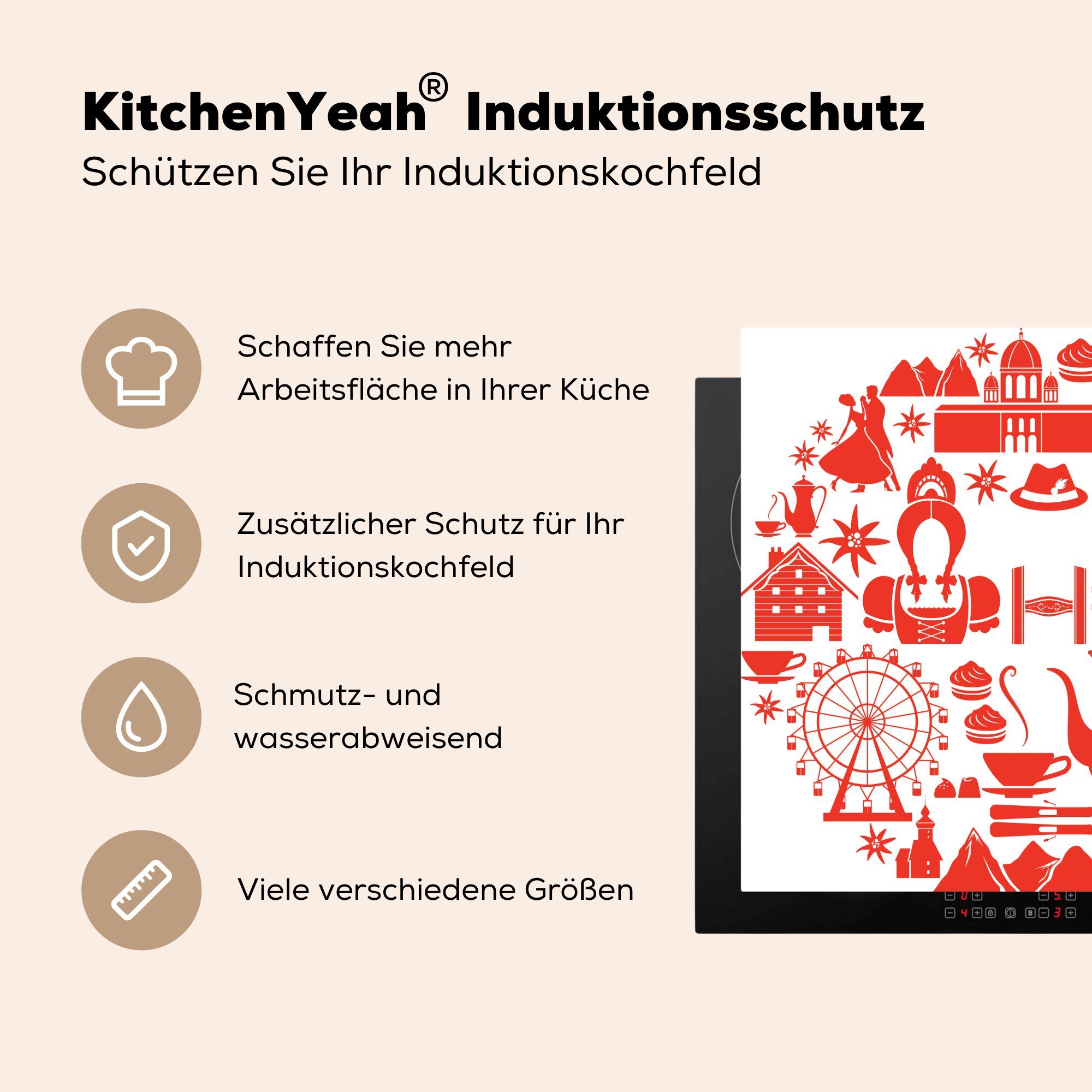 cm, von für Arbeitsplatte MuchoWow (1 Ceranfeldabdeckung, tlg), Vinyl, Herdblende-/Abdeckplatte aus küche Österreich, 78x78 Illustration Symbolen