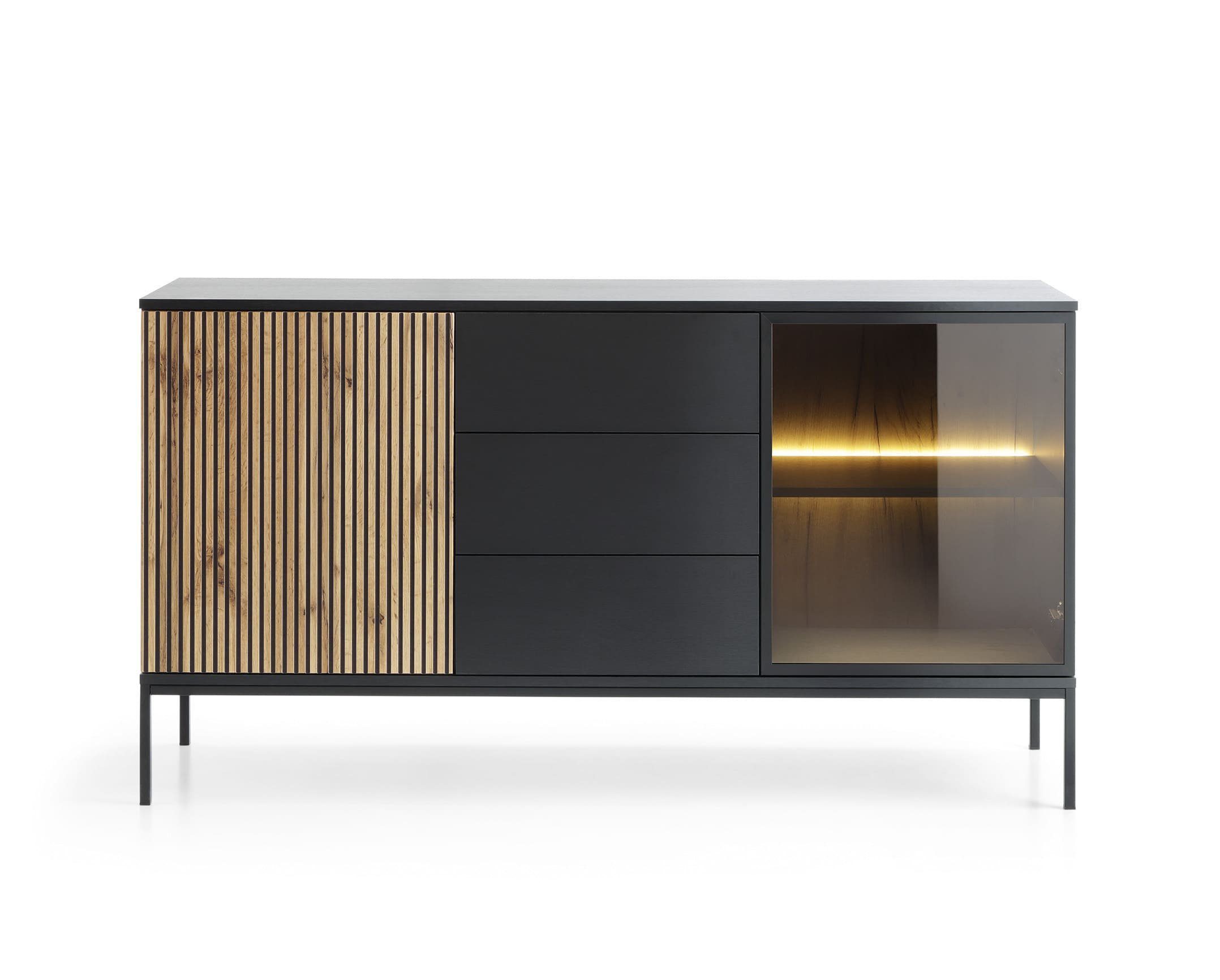 MOEBLO Kommode Sentino SSZ154 LED (Sideboard Wohnzimmer Kommode Schlafzimmer Komodenschrank Highboard, mit gefräster Front und LED-Beleuchtung), (HxBxT):83x154x39 cm