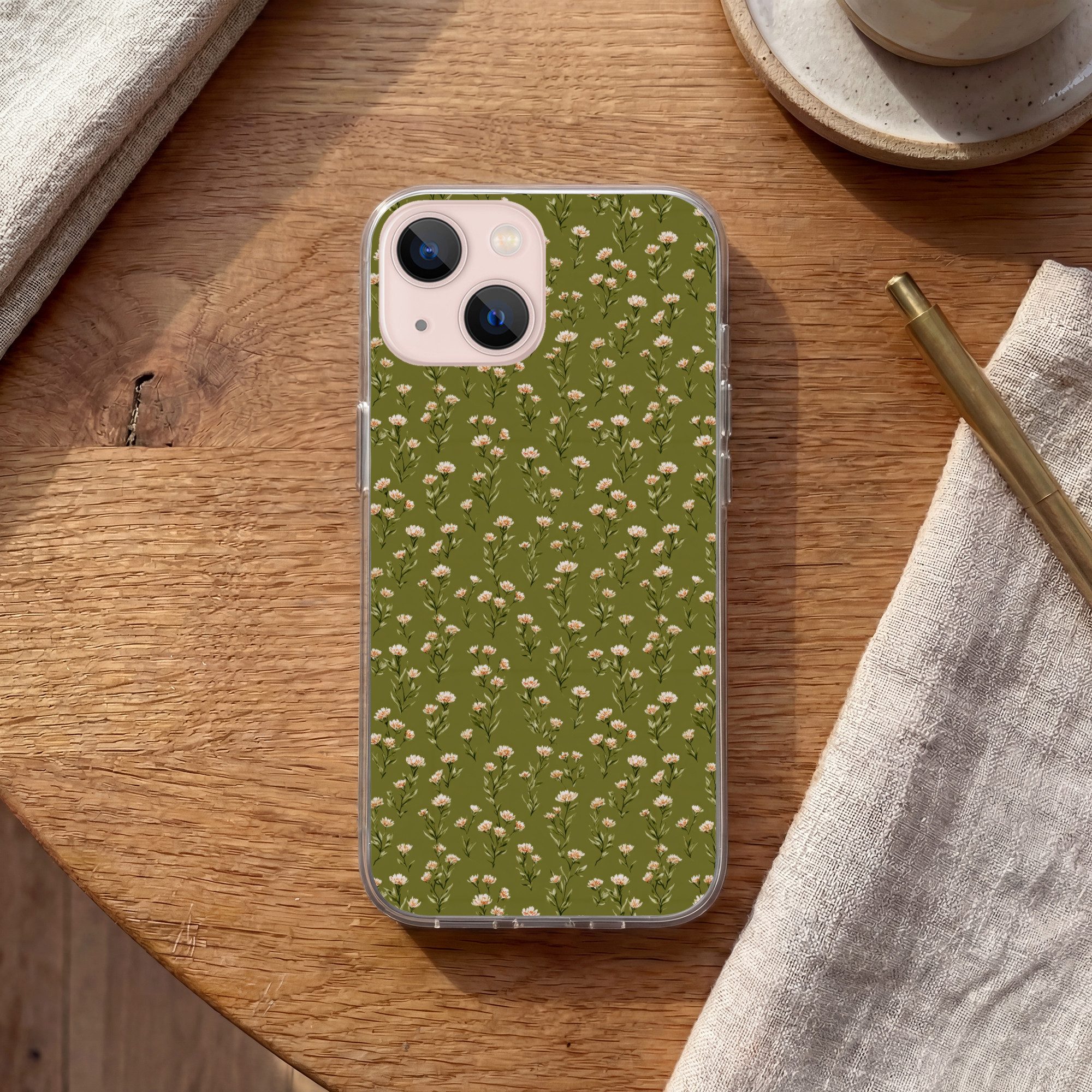 MuchoWow Handyhülle für Apple iPhone 13 Rustikal - Blumen - Grün, Smartphone-Bumper, Print, Handy Schutzhülle Dünn