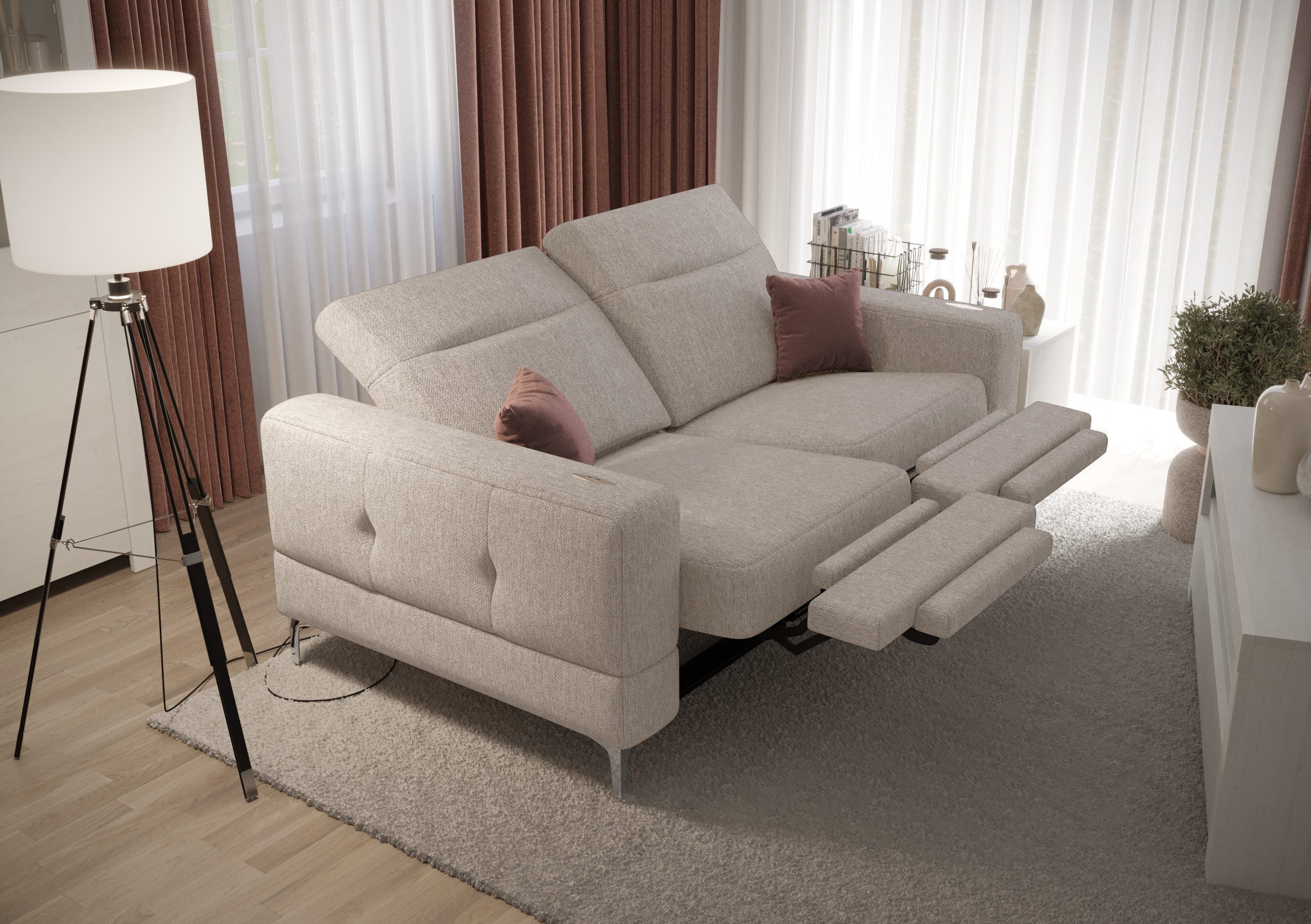 Friderik-EU 2-Sitzer mit elektrischer Relaxfunktion, Malibu Relax II, 180 cm, Gemma 80, – verstellbaren Kopfstützen – stilvolle Metallfüße