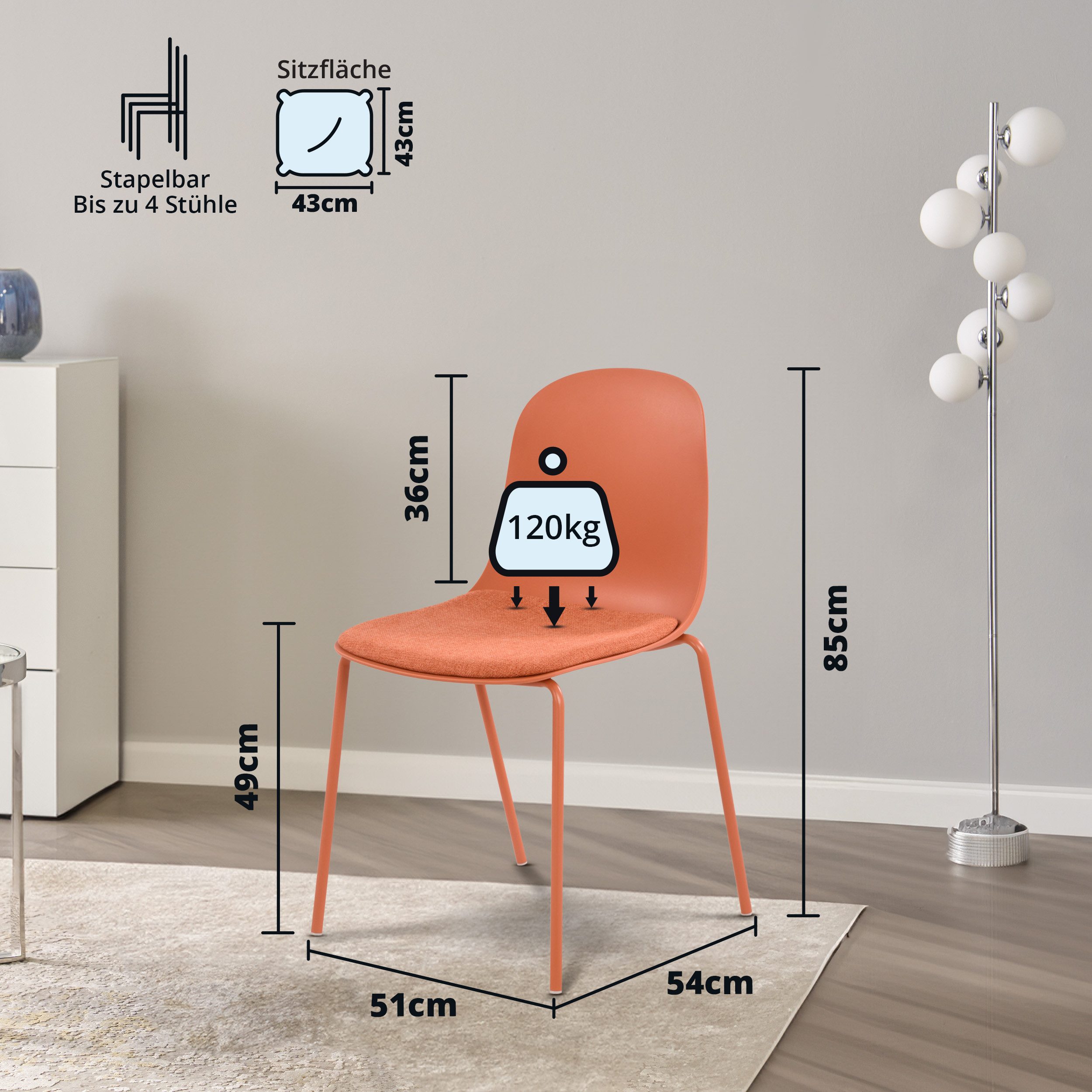 KHG Stapelstuhl Küchenstuhl Orange, bis 120 kg belastbar, Minimalistischer Stil, Stapelbar, 4-Fußgestell, Ton-in-Ton Kunststoffsitzschale gepolstert
