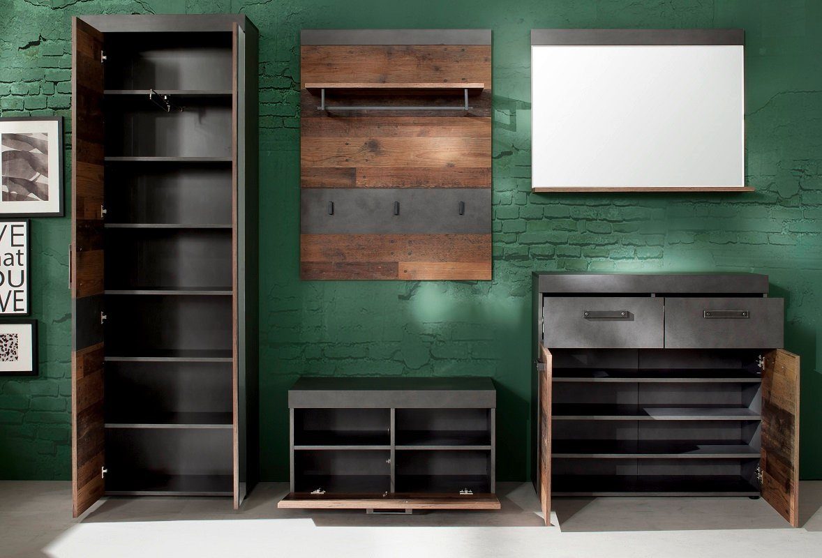 trendteam Garderoben-Set Garderoben-Set Indy, Old Used Wood / Matera grau, 5-teilig, Shabby, (5-St)