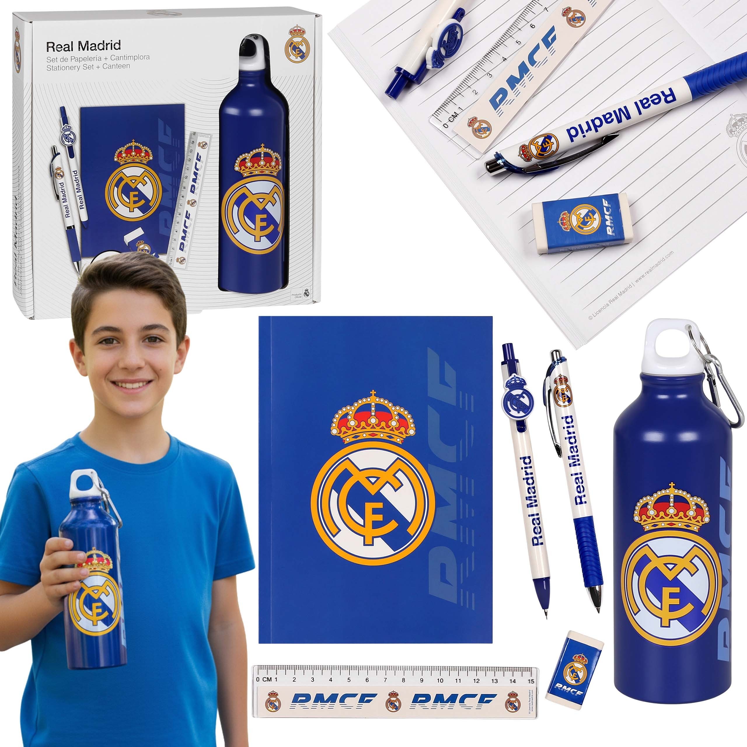 Real Madrid Trinkflasche Real Madrid Schulset für Spieler & Gamer mit Schreibwaren + Flasche