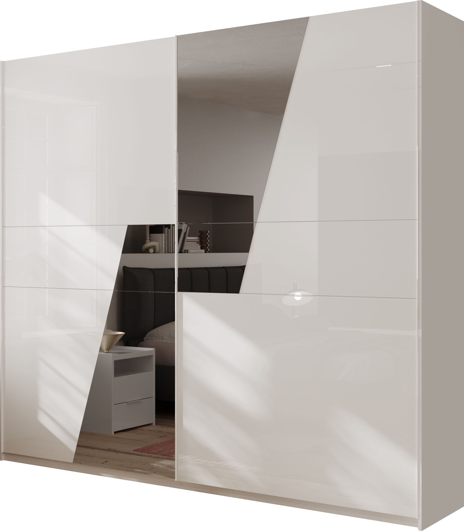 Home affaire Schwebetürenschrank Malmo, Kleiderschrank mit 2 Schiebetüren, Breite 276 cm, Höhe 240 cm, Weiß Hochglanz Lack, Front mit Spiegelfläche, Griffleisten aus Metall